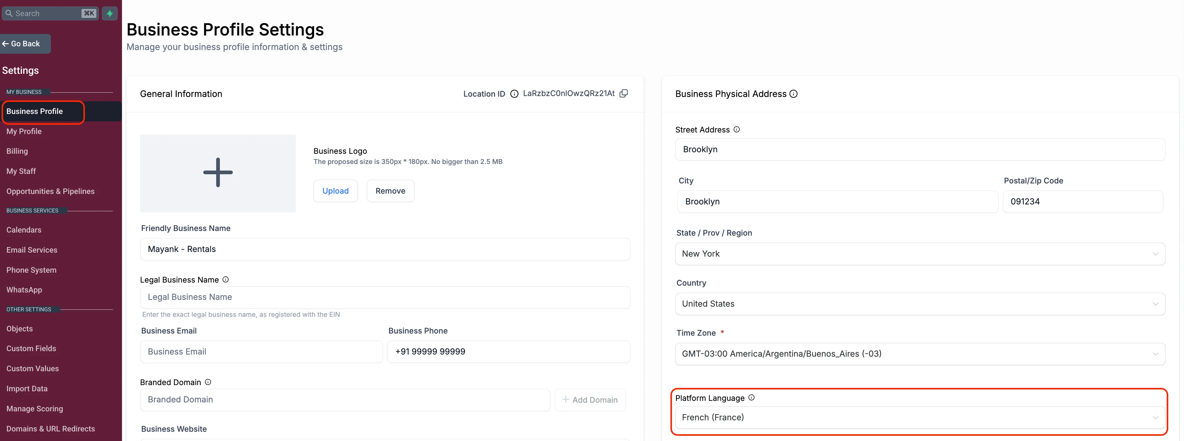 business profile settings