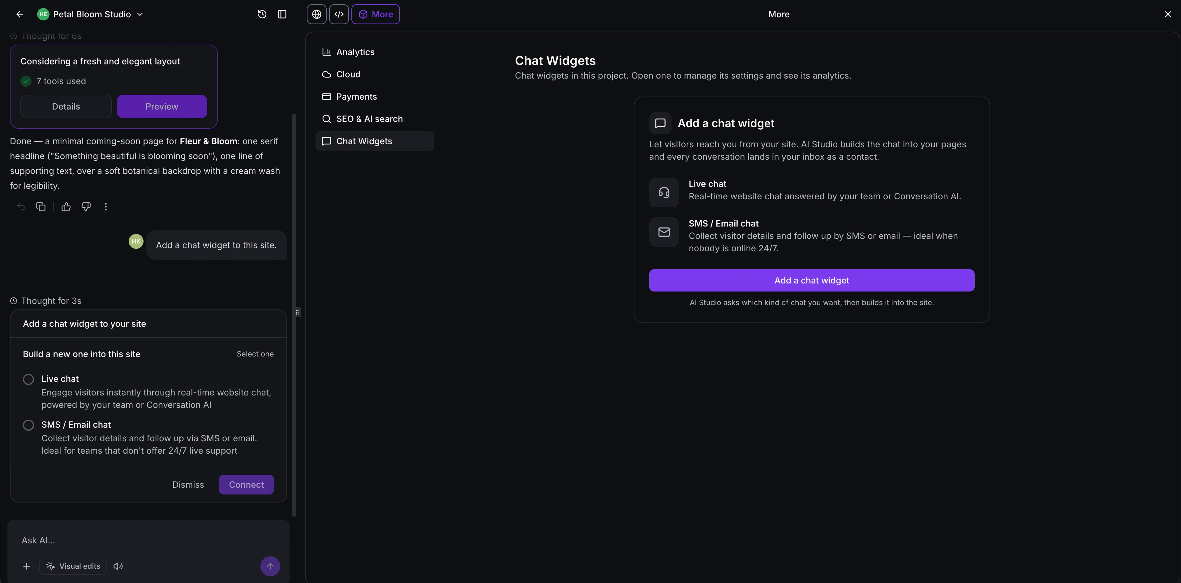 Ask AI Studio to add a chat widget