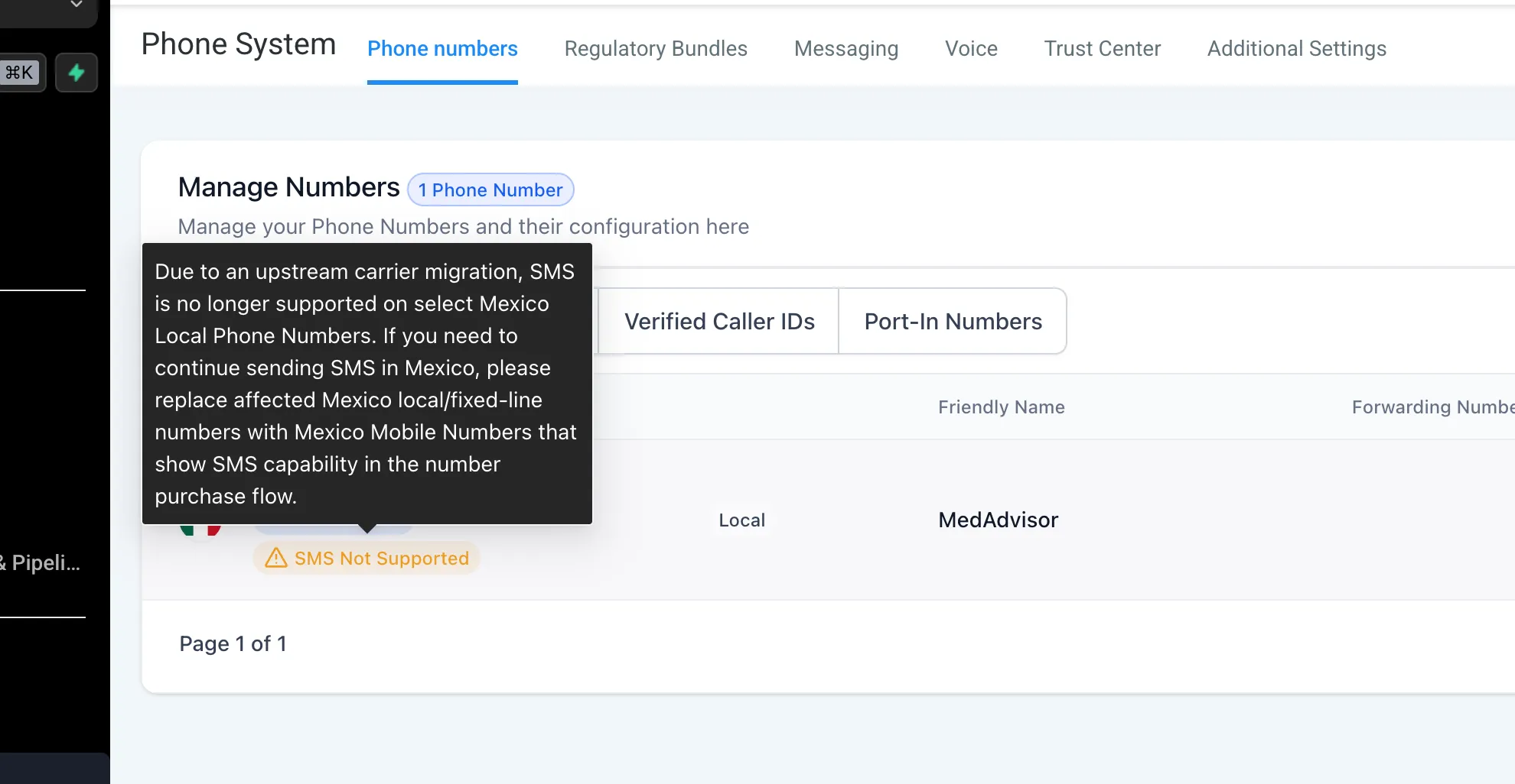 Phone Numbers tooltip explaining SMS limitations for Mexico local numbers