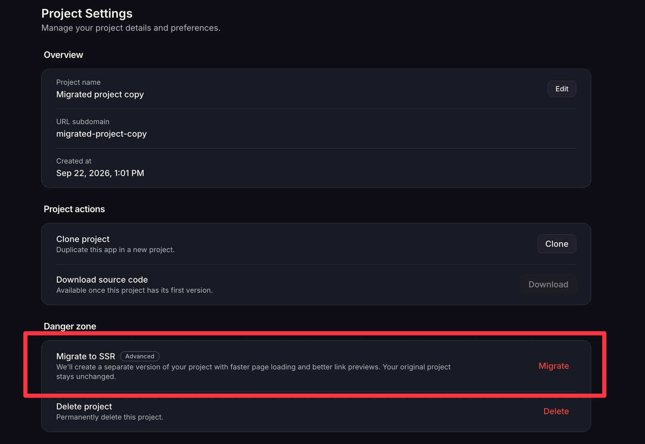 AI Studio Project Settings with the Migrate to SSR action highlighted
