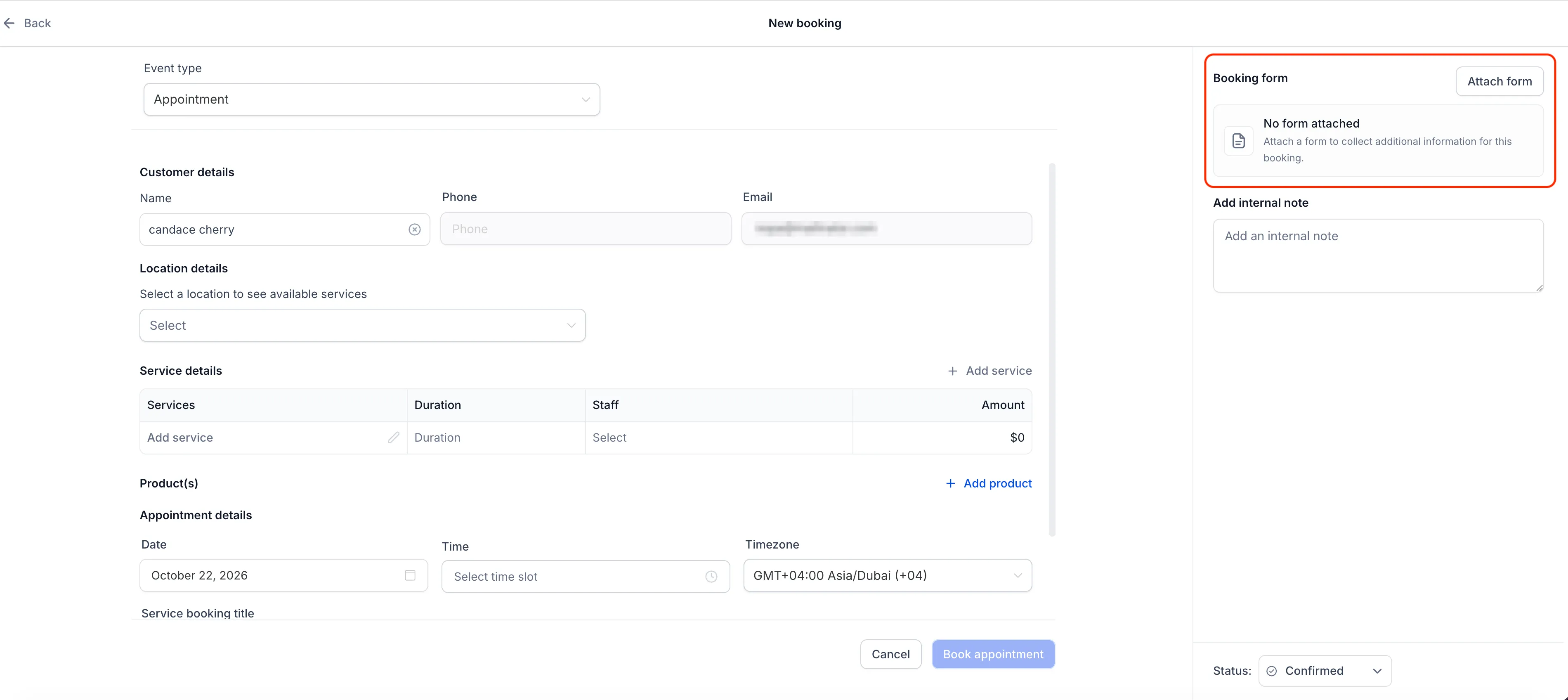 Services - new booking -form