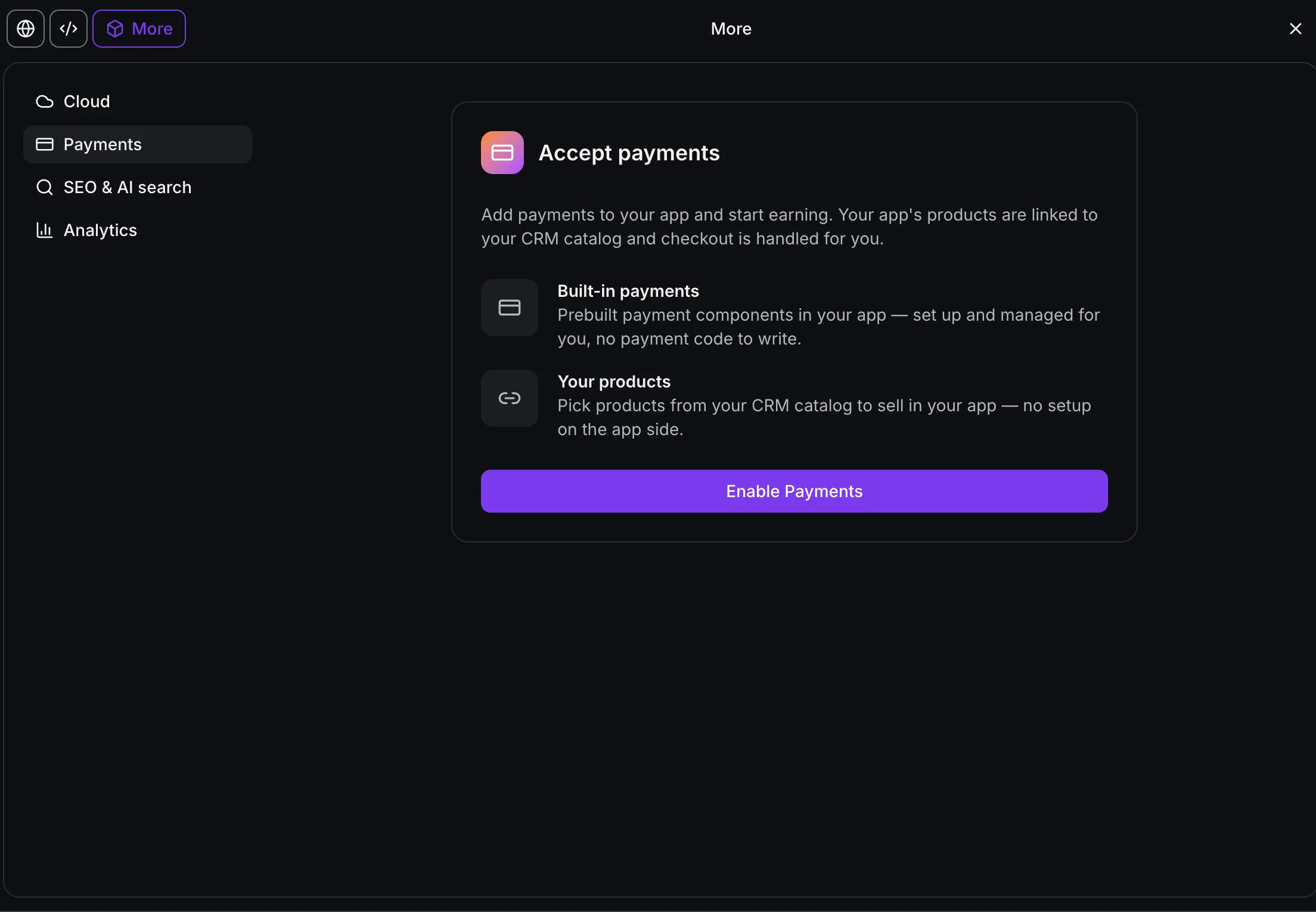 AI Studio Payments settings with an Enable Payments button