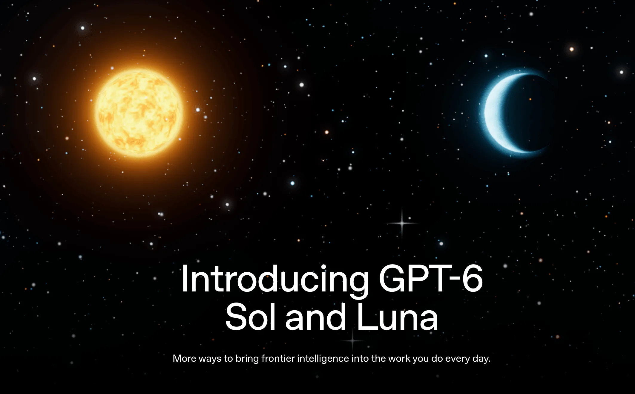 GPT-6 Sol and Luna announcement graphic with a sun and crescent moon