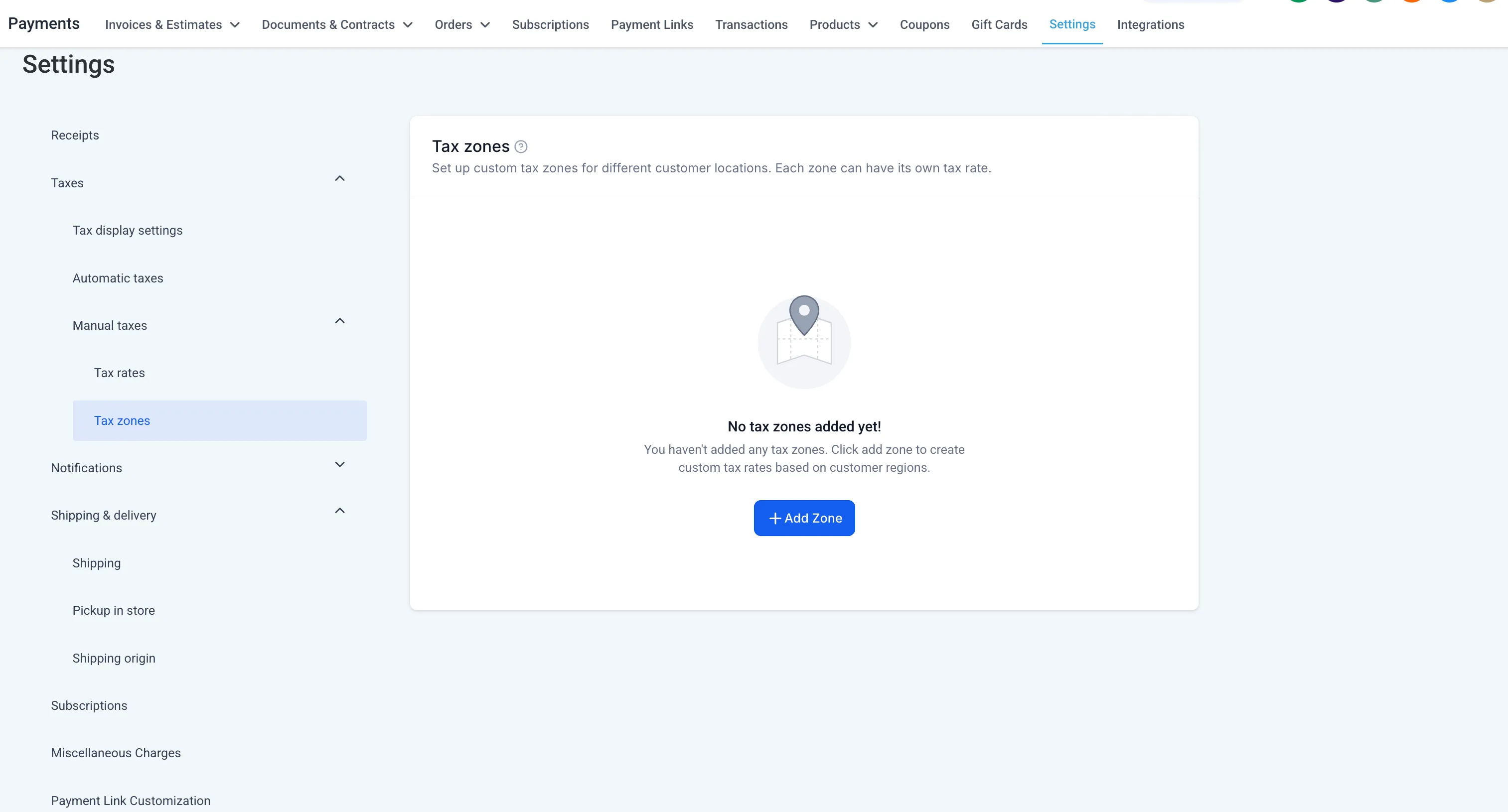 Manual Tax Zones settings with an Add Zone button