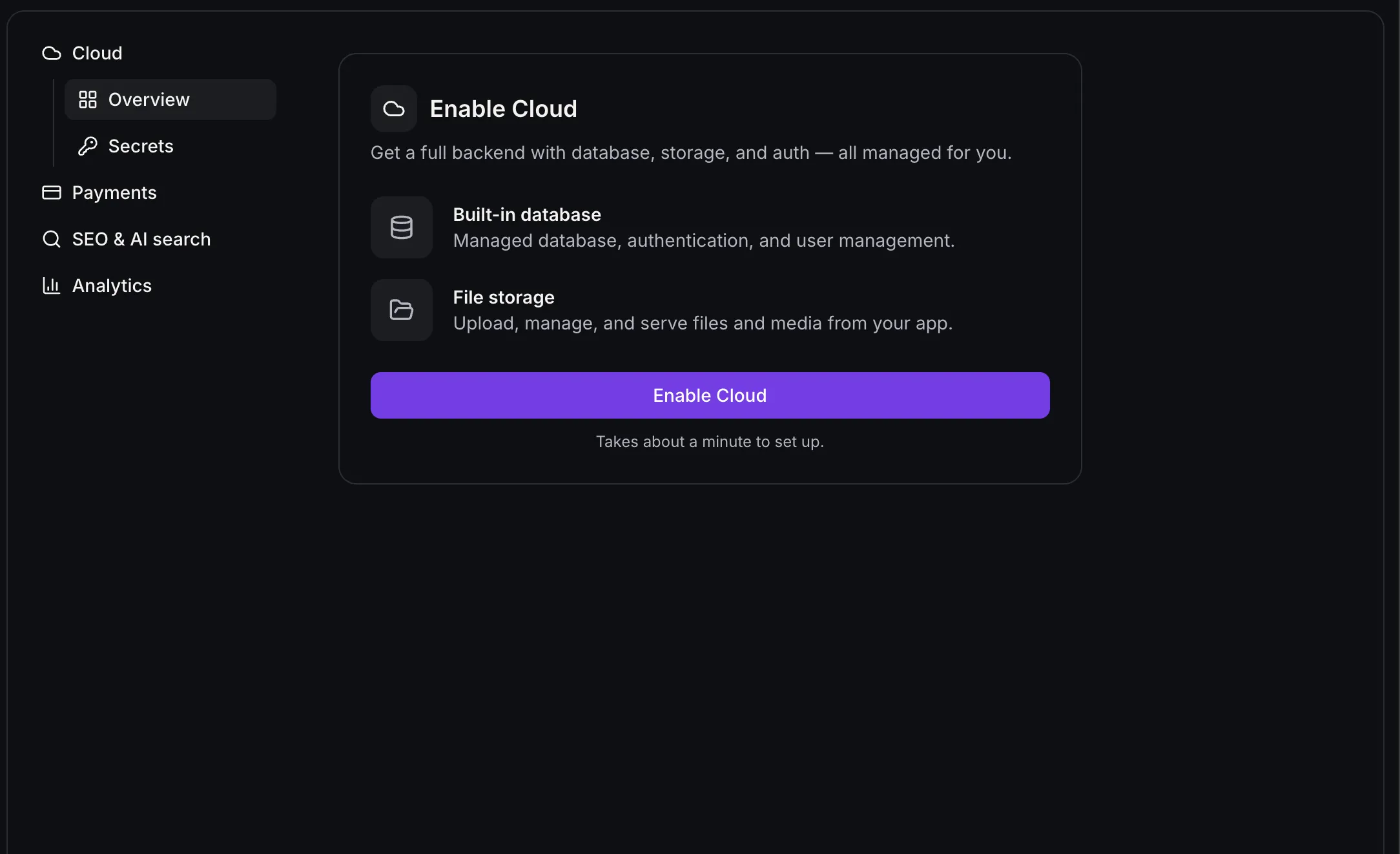 AI Studio Cloud setup panel with database, user management, and file storage options