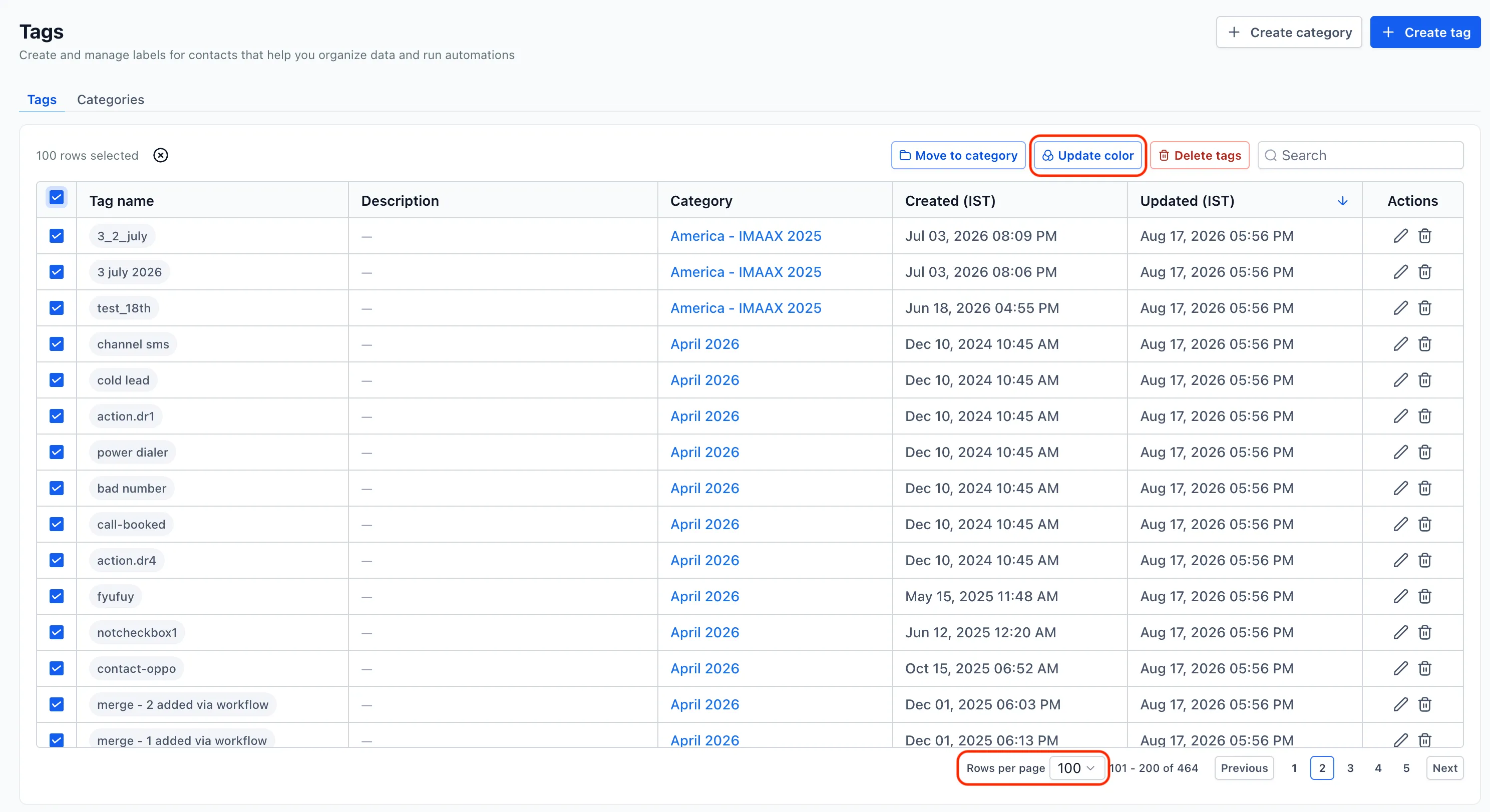 Tags table with multiple rows selected and Update Color highlighted