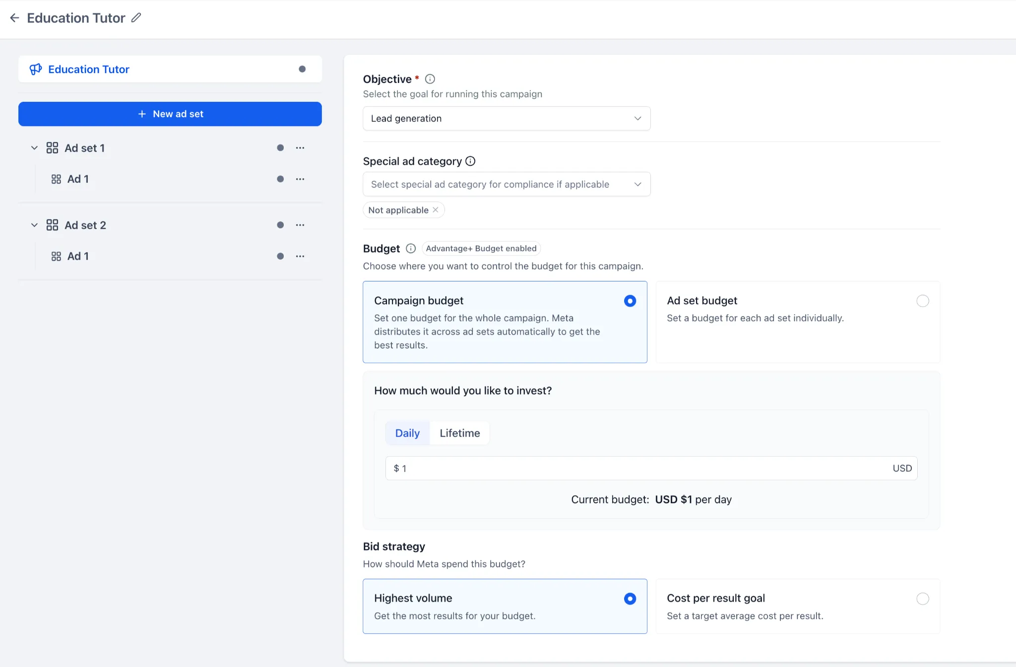 Meta campaign budget settings with daily or lifetime spending and bid strategy options