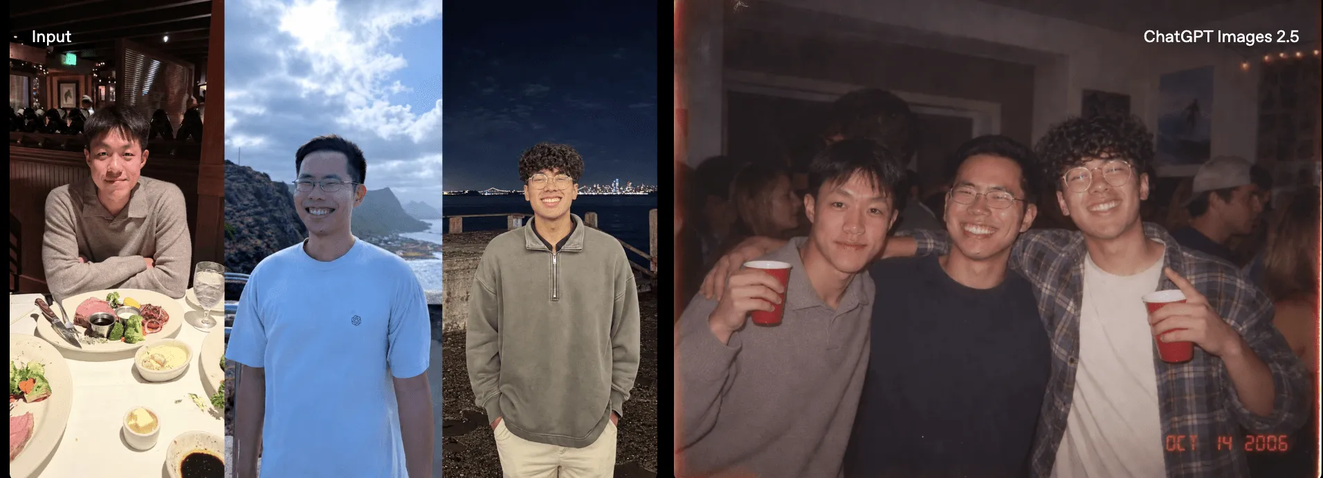 AI image example combining three reference portraits into a group photo