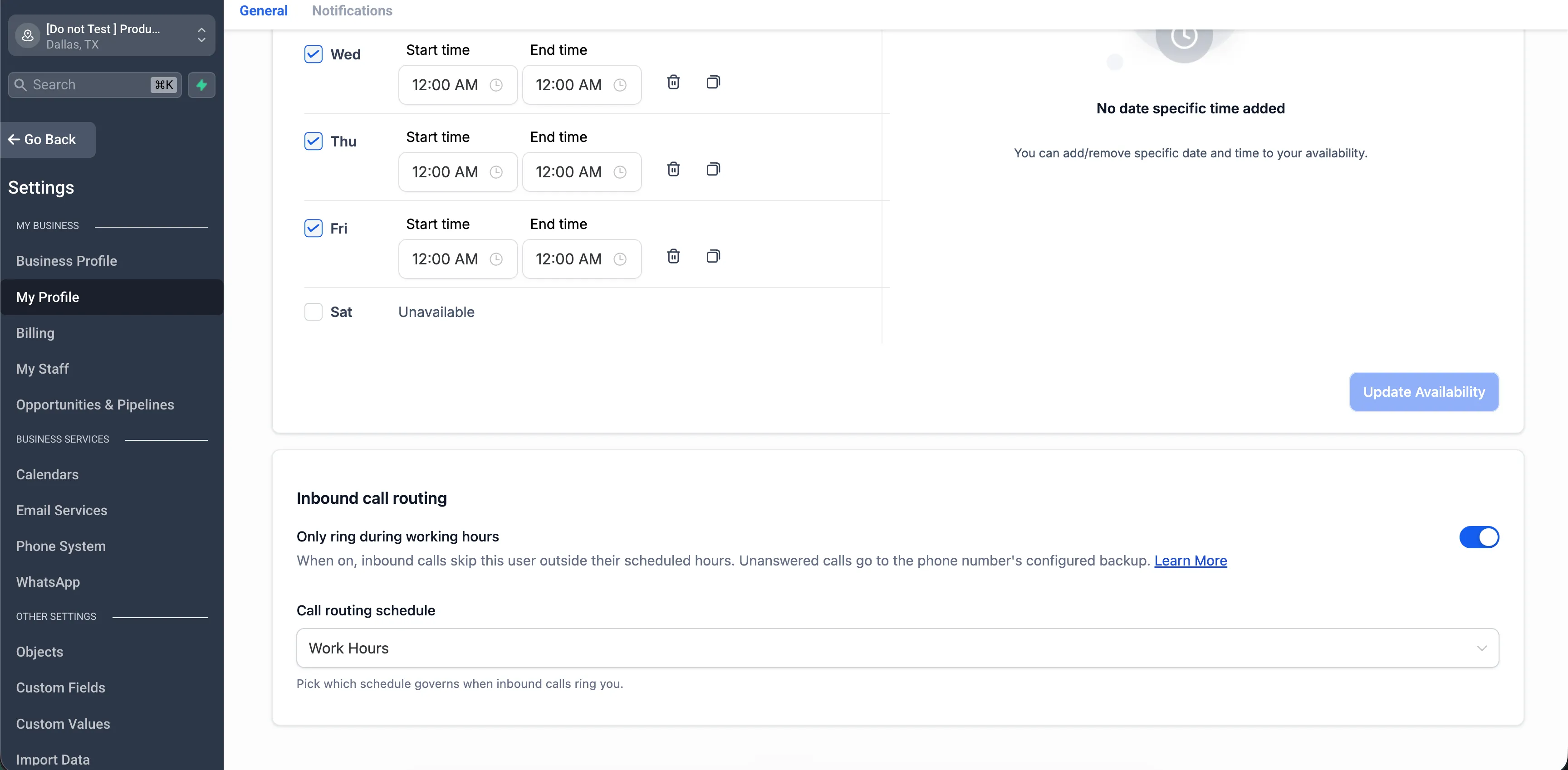 Inbound call routing setting