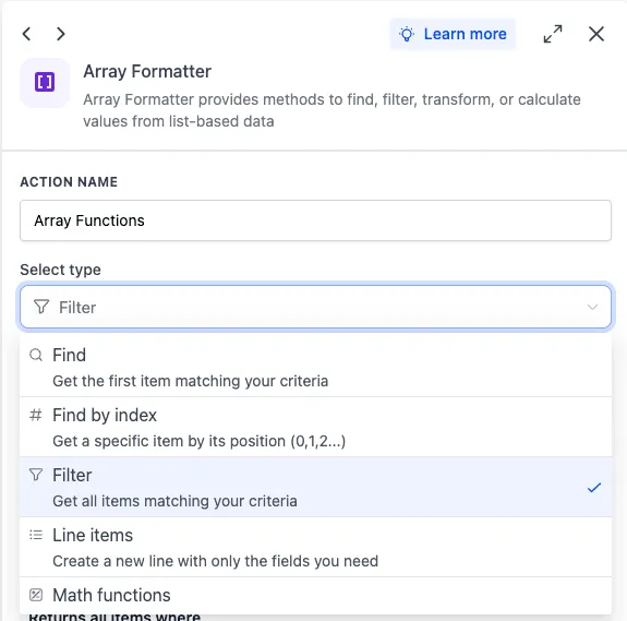 Array Formatter action panel