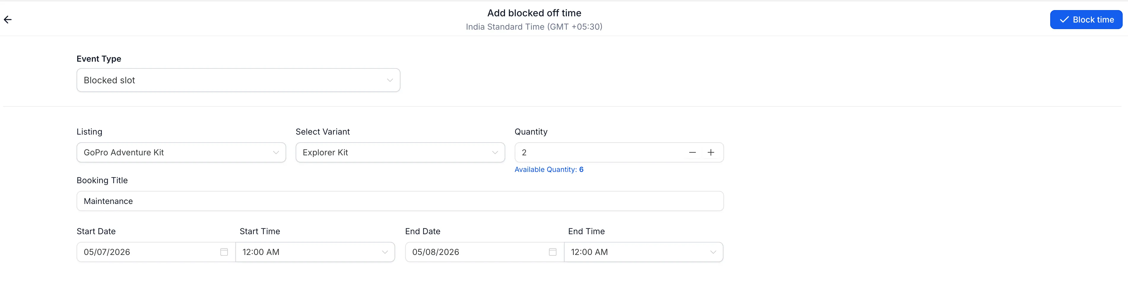 Blocked slot calendar view