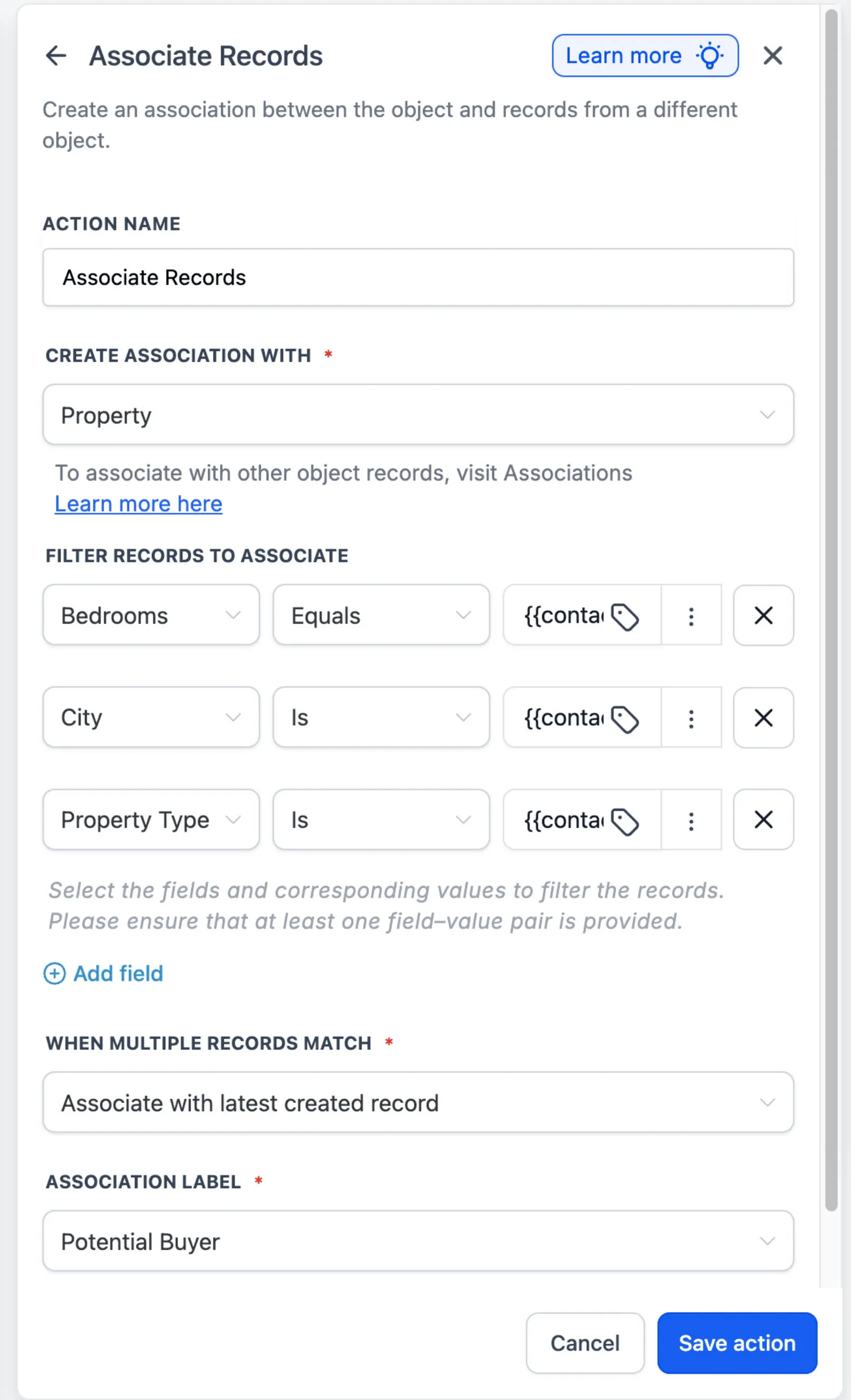 Associate Records workflow action