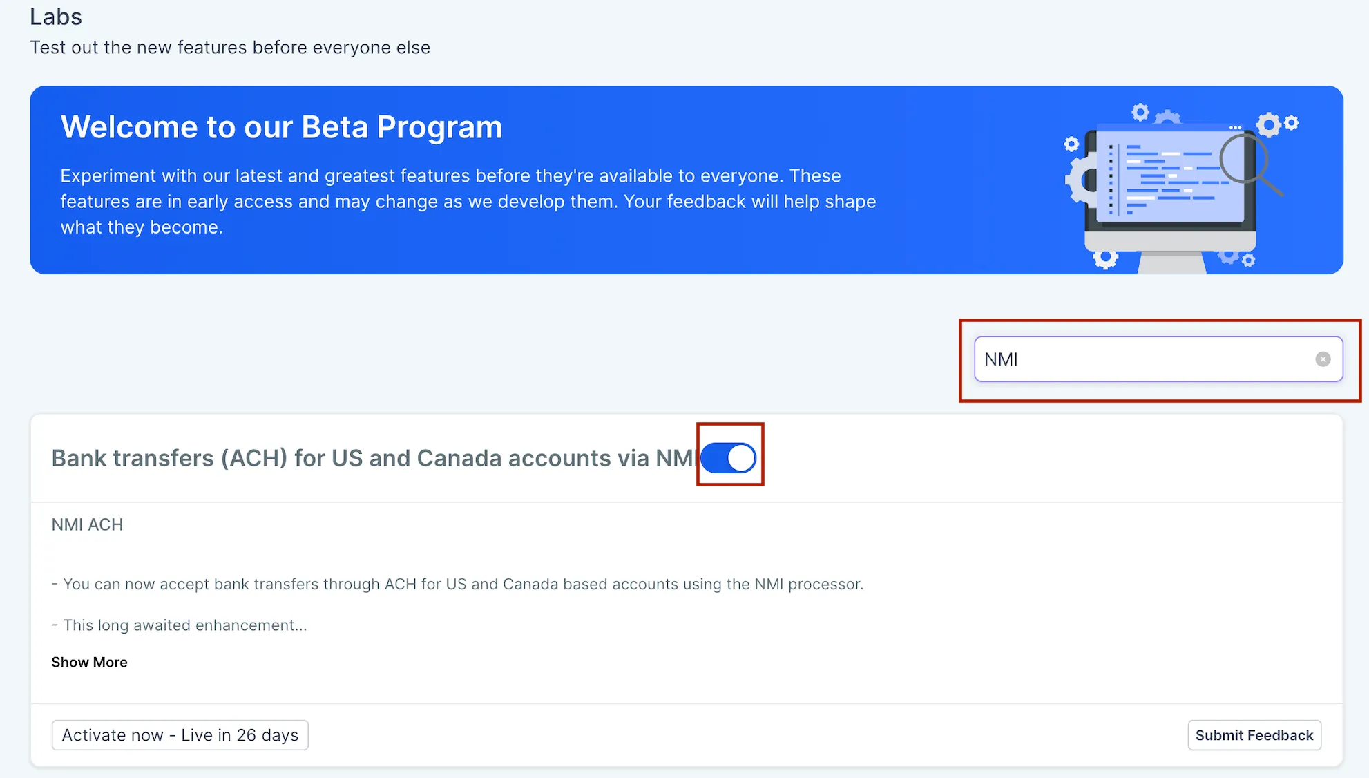 ACH setup and availability