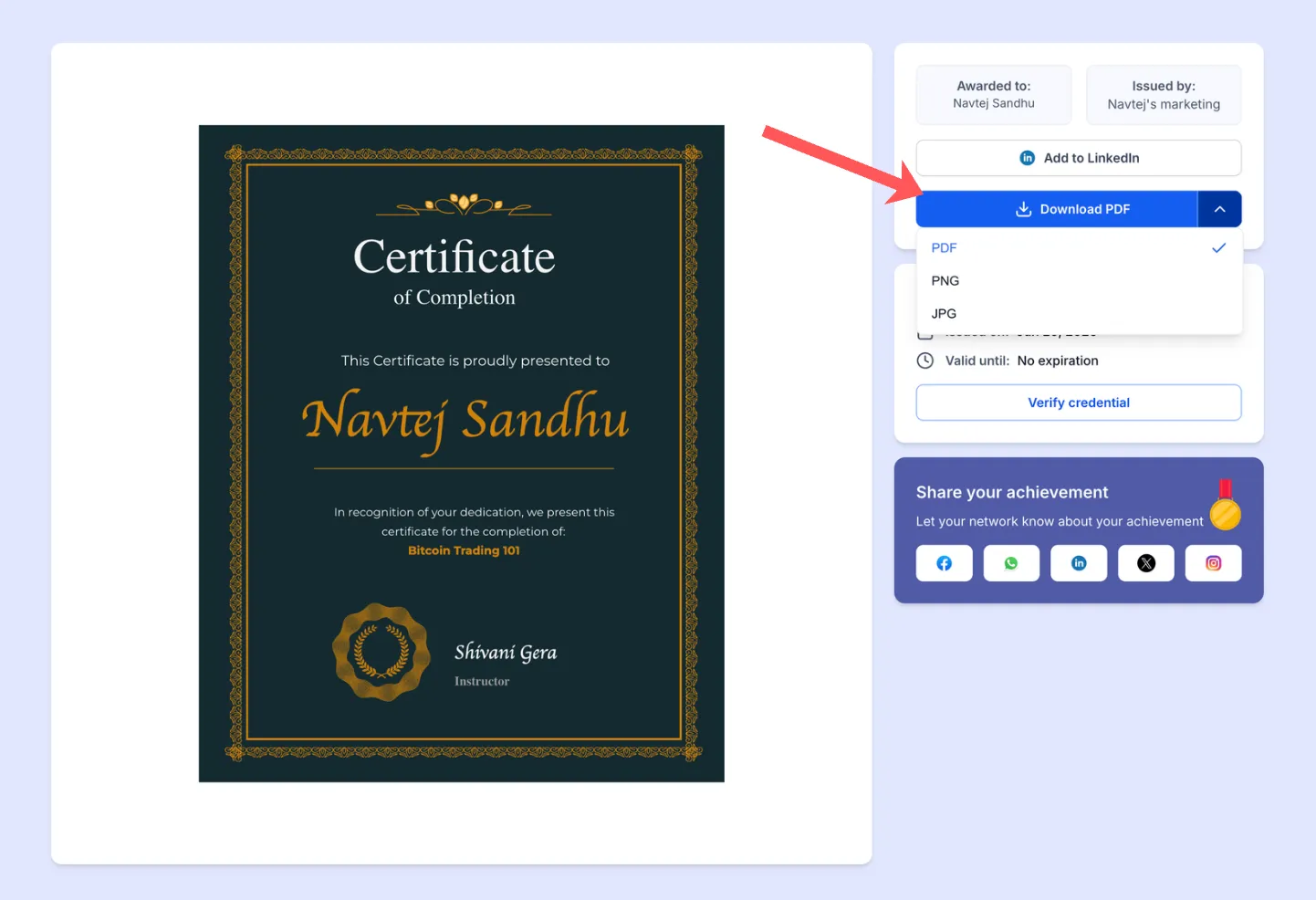Certificate and badge download format options