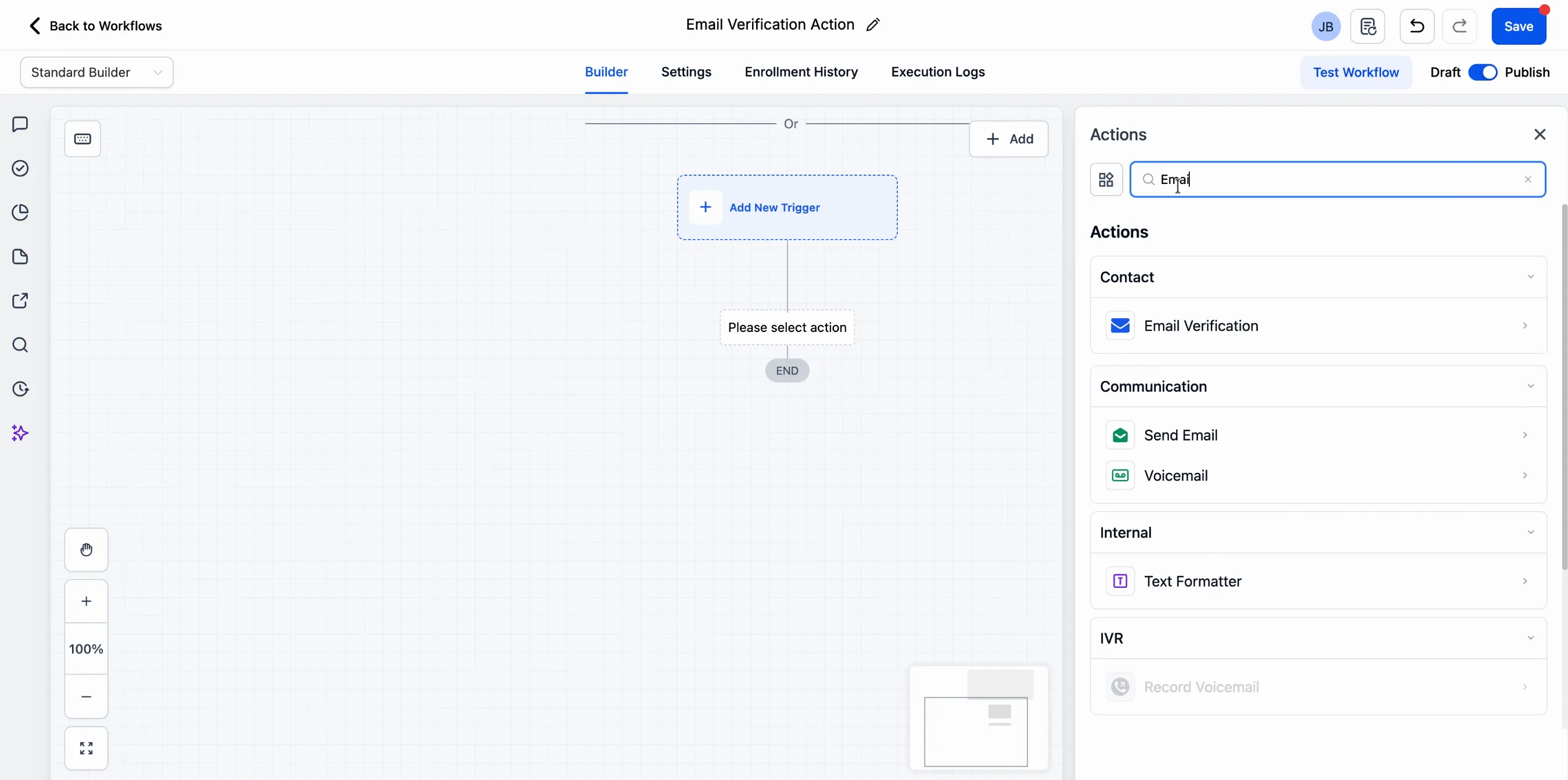 Email verification action in workflows