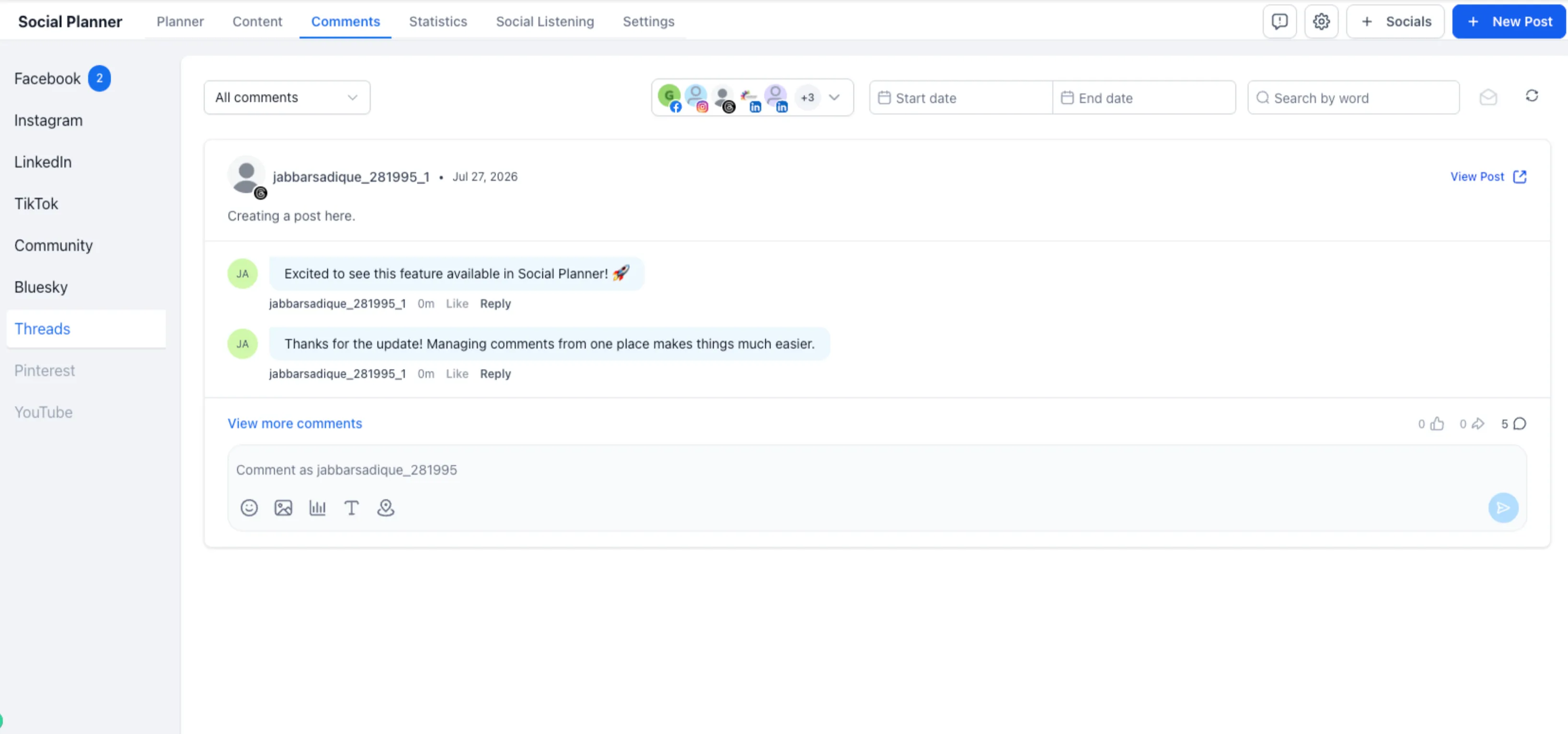 Threads comment management in Social Planner