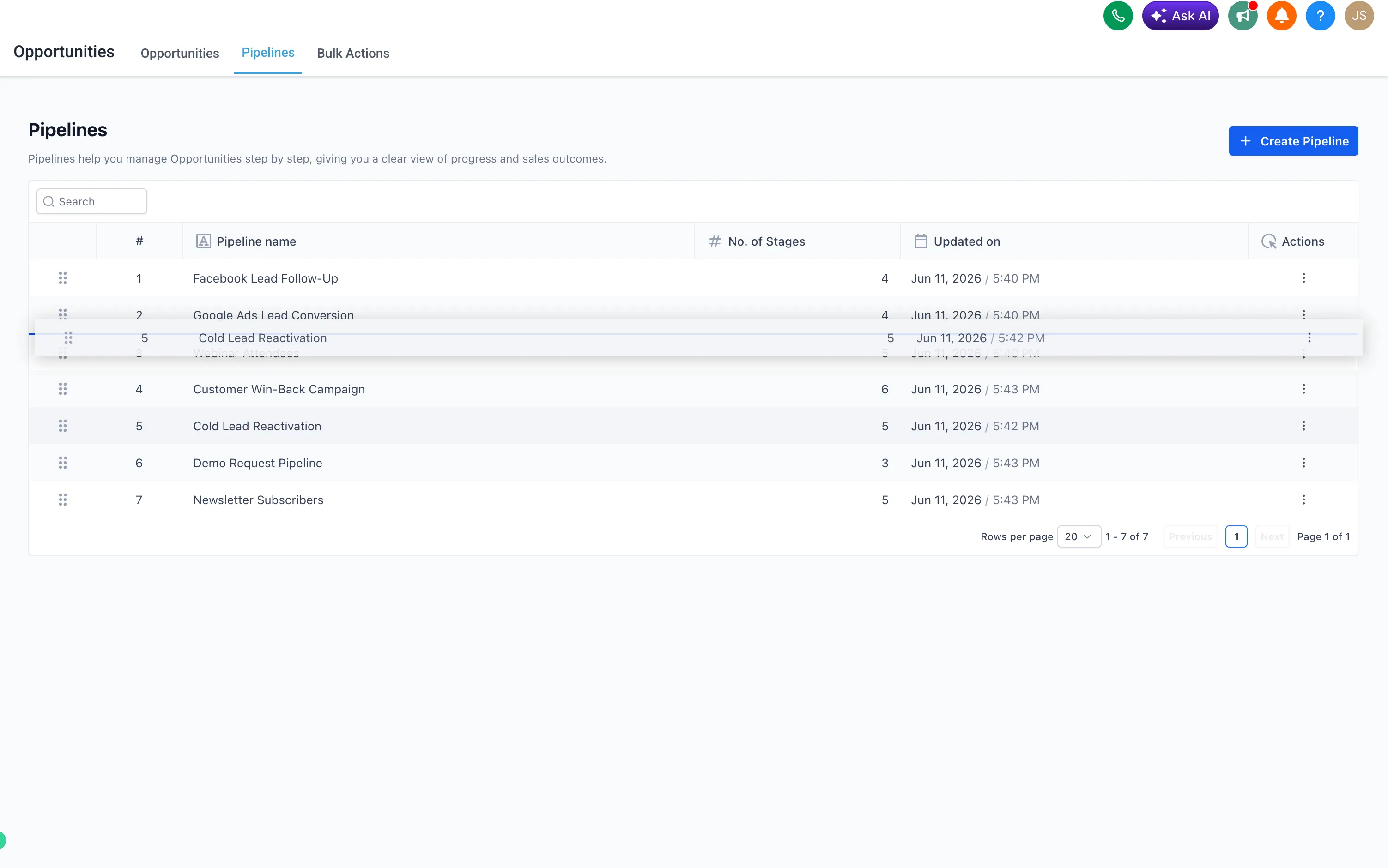 Pipeline drag handle in the Opportunities view