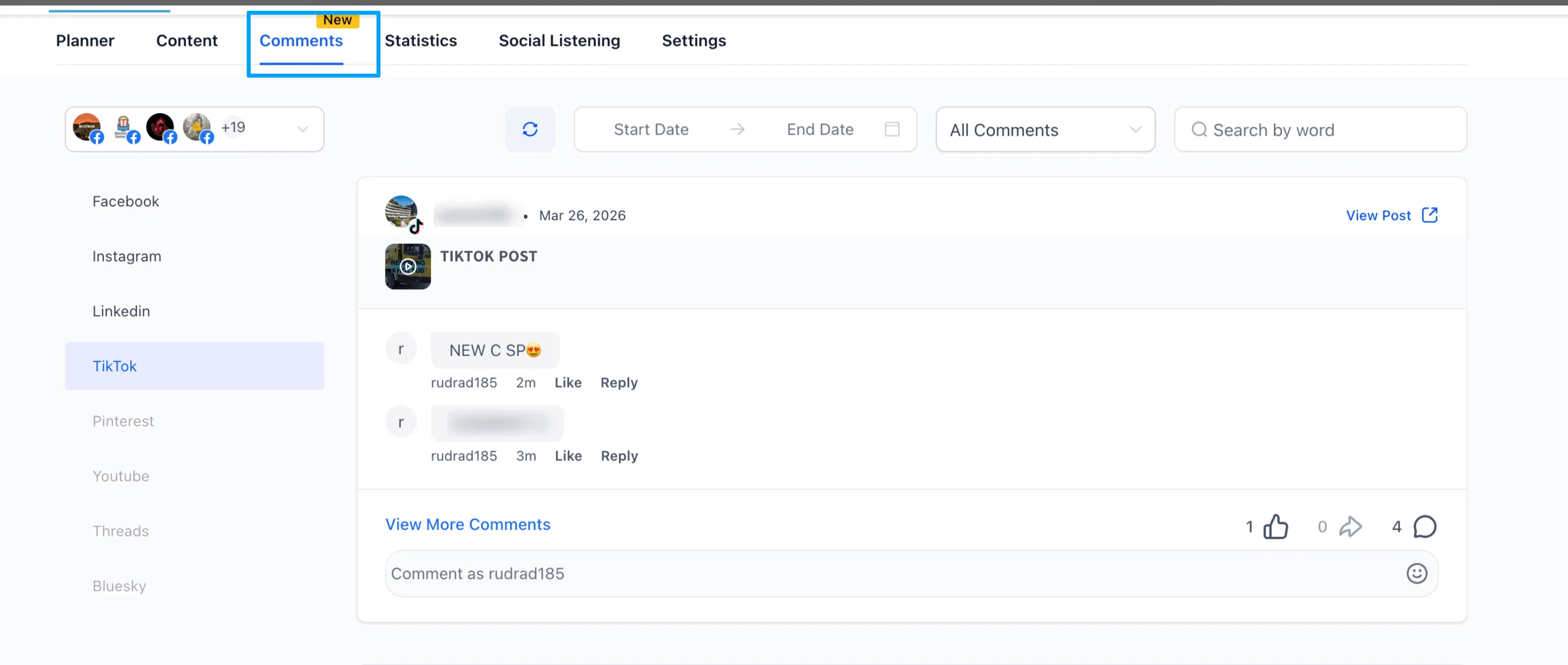 Social Planner TikTok comment management