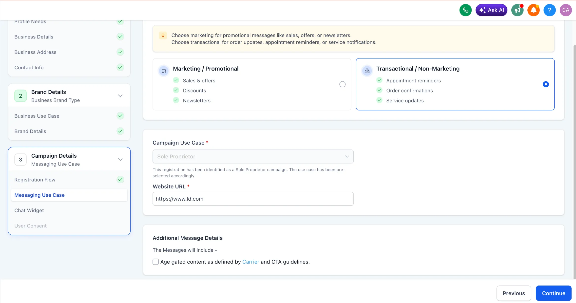 Chat widget A2P registration flow for Sole Proprietor accounts