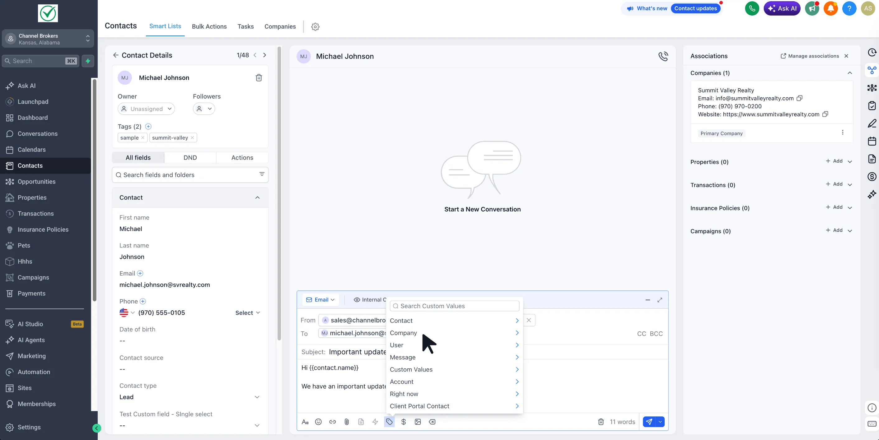 Company fields in the custom value picker