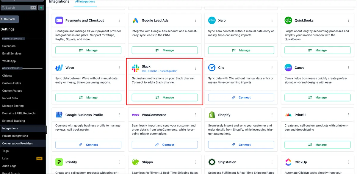 Slack integration page