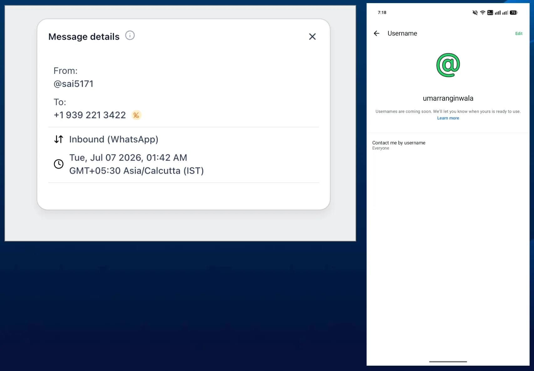 WhatsApp username contact capture in SMBcrm