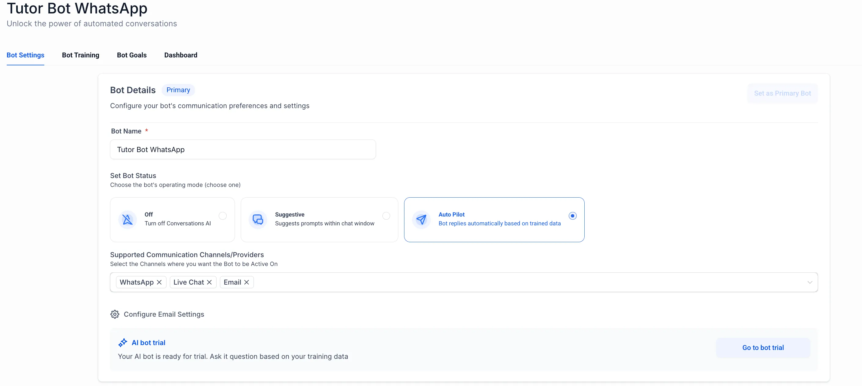 Inbound email support in Conversation AI settings