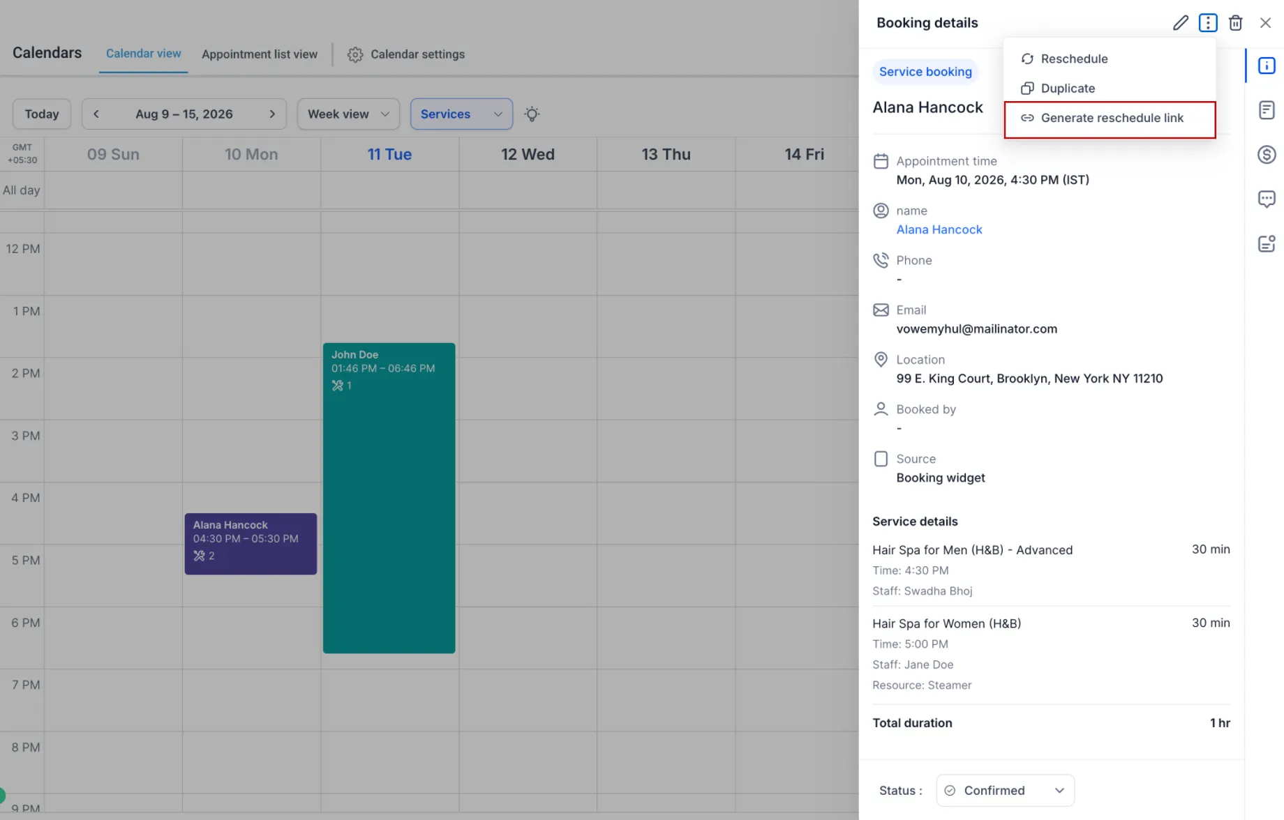 Generate reschedule link action