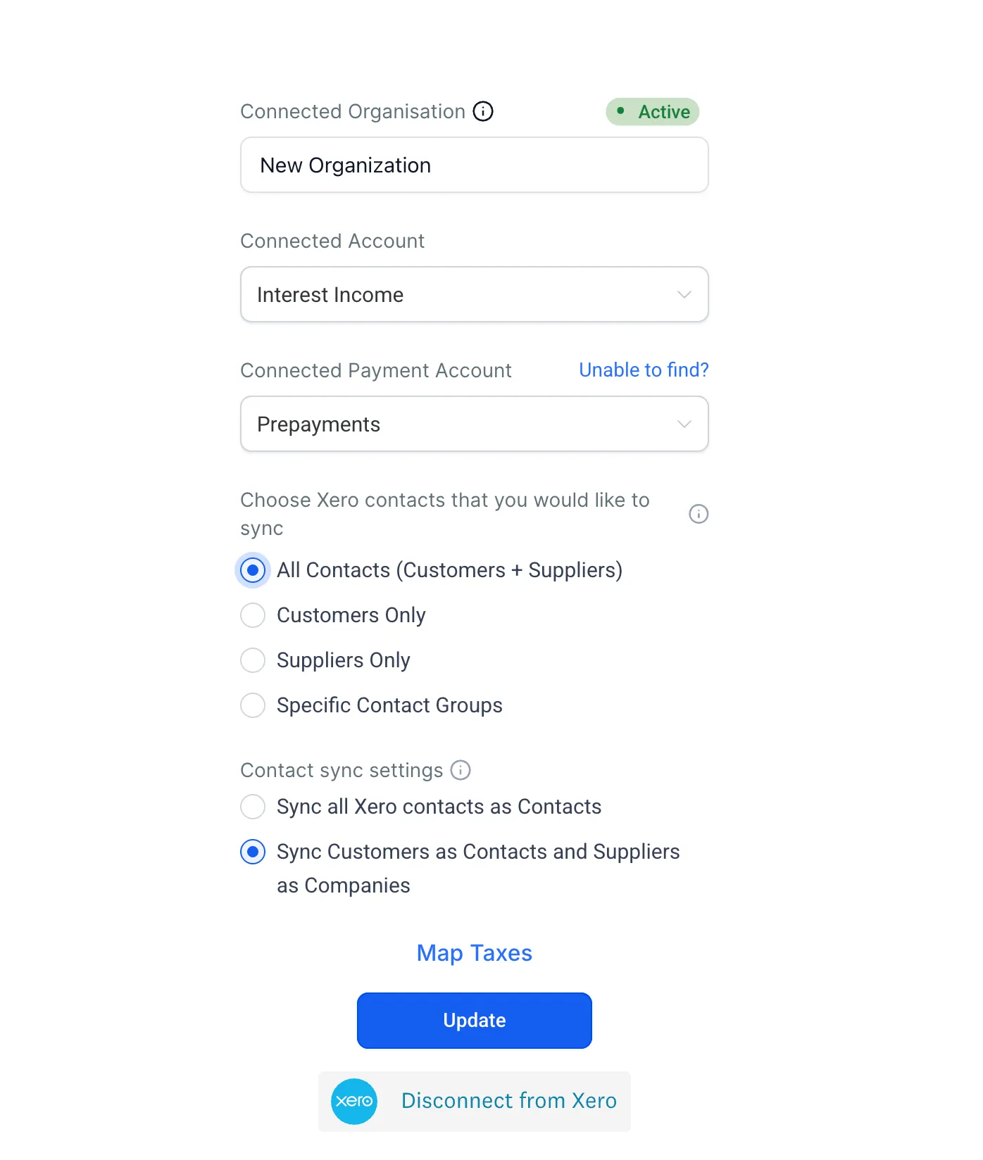 Xero contact sync settings