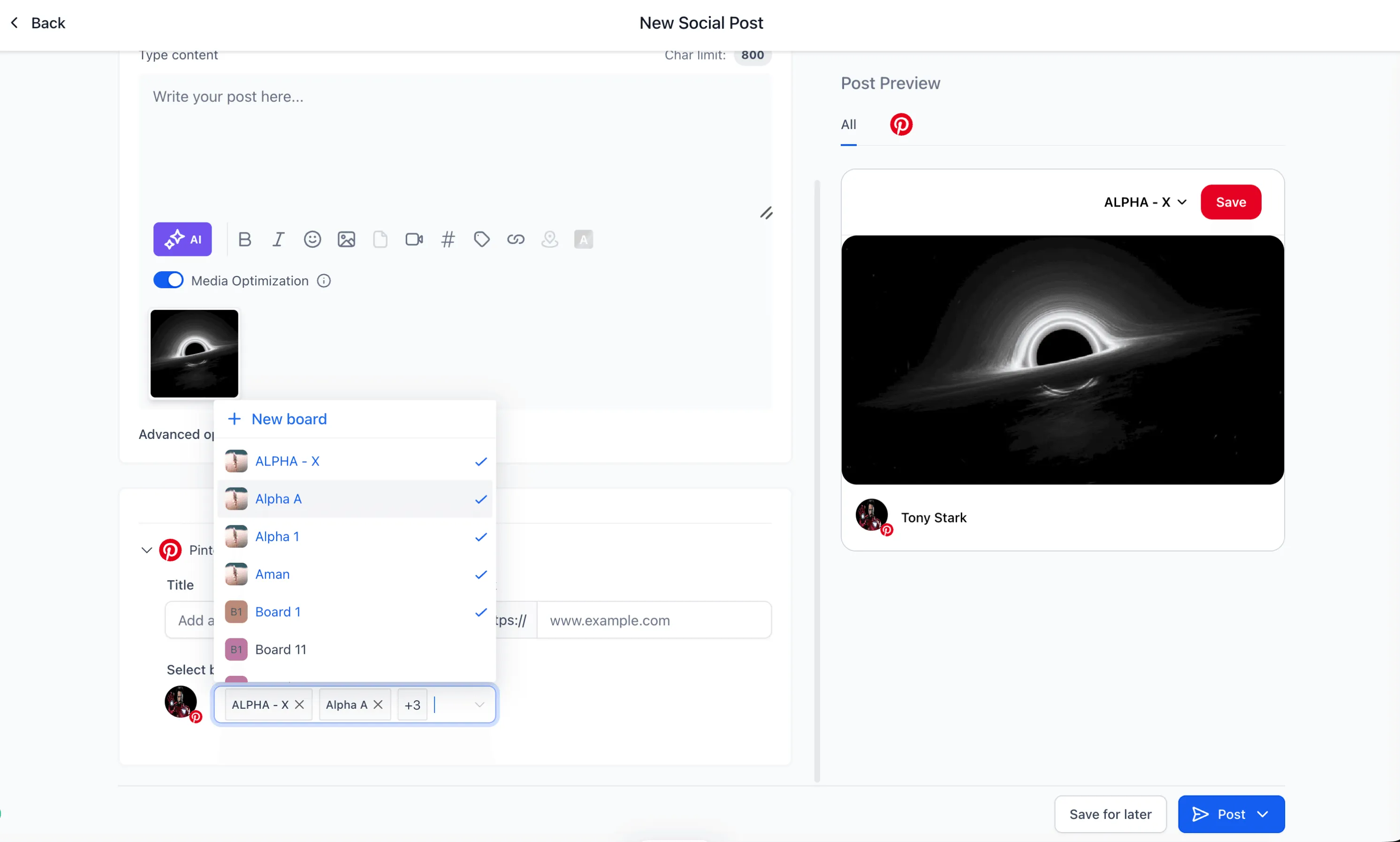 Pinterest board selector in Social Planner