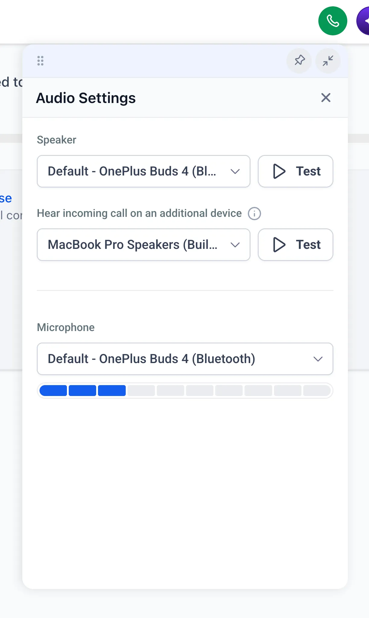 Web dialer audio settings