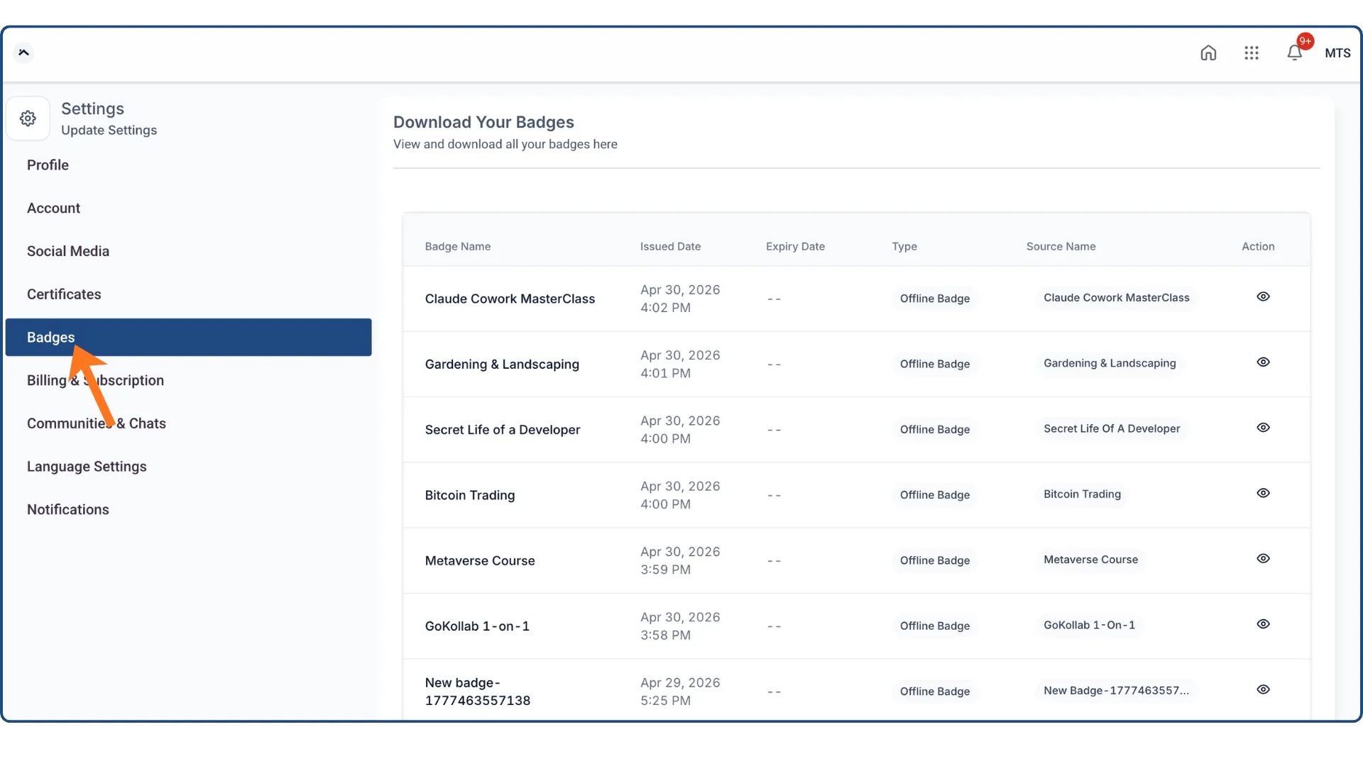 Badges tab in the Client Portal