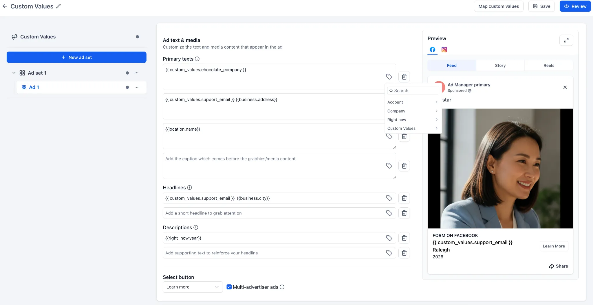 Custom Values picker in Ad Manager