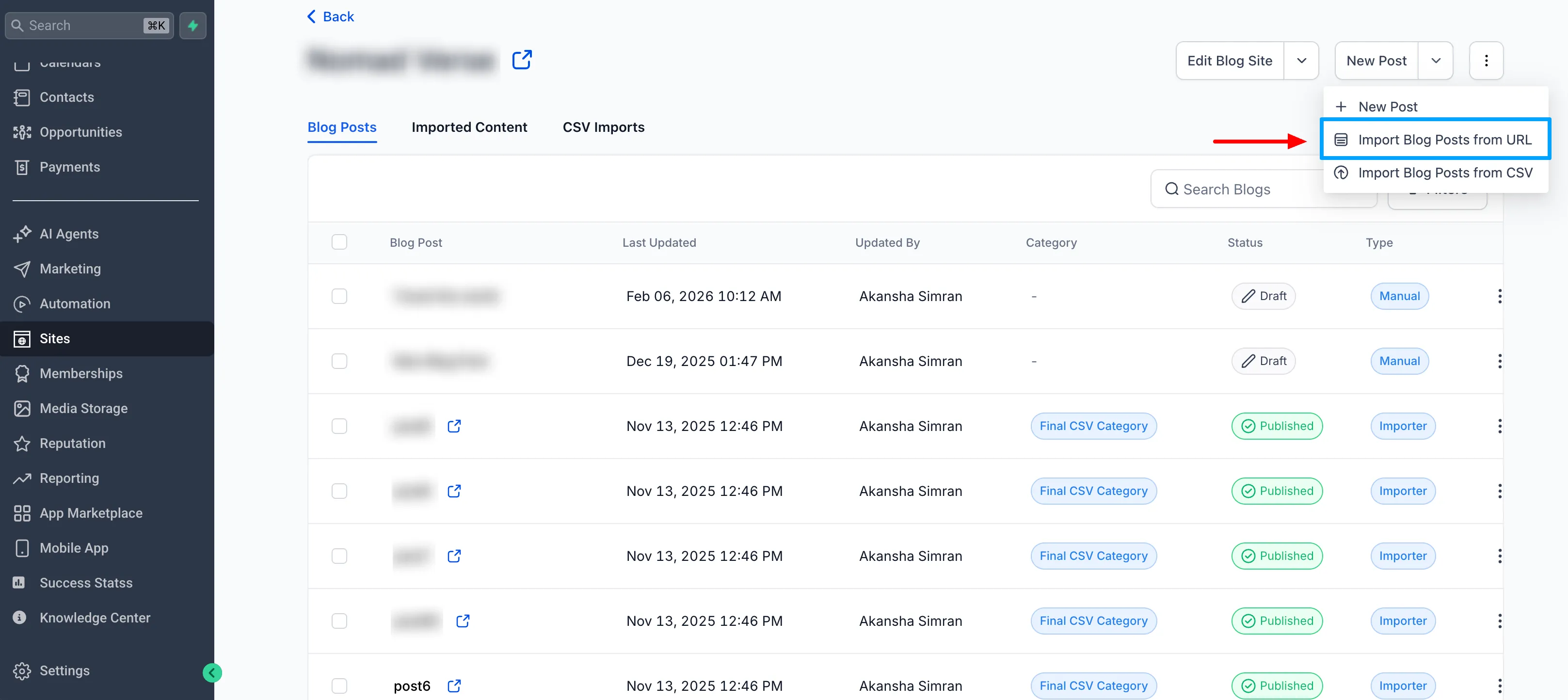 Blog importer start screen