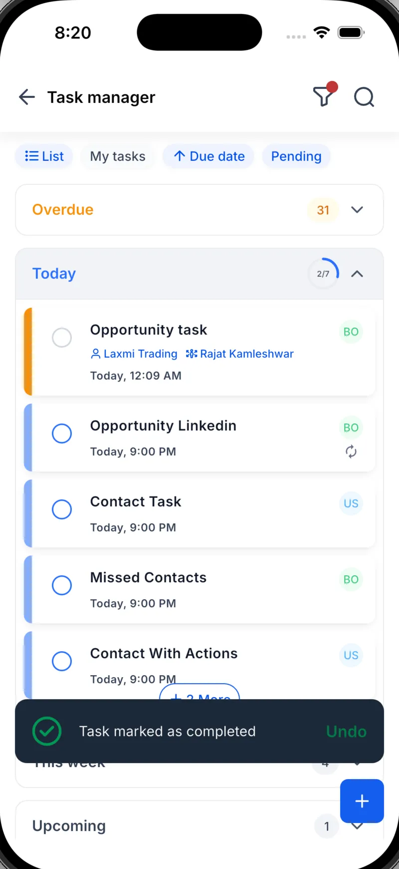 SMBcrm Mobile app task manager overview