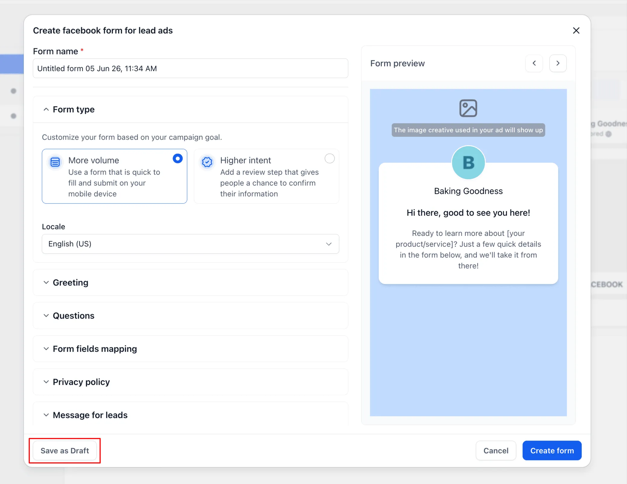 Save as Draft action in the Meta Lead Form builder