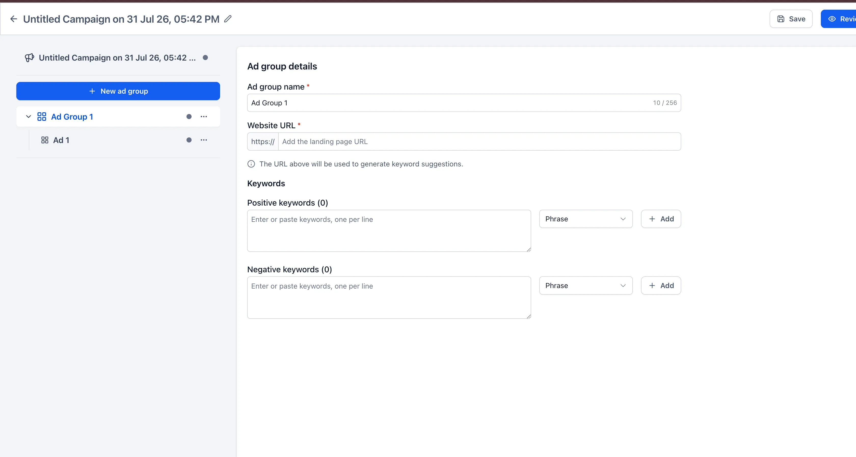 Keyword entry in Ad Manager