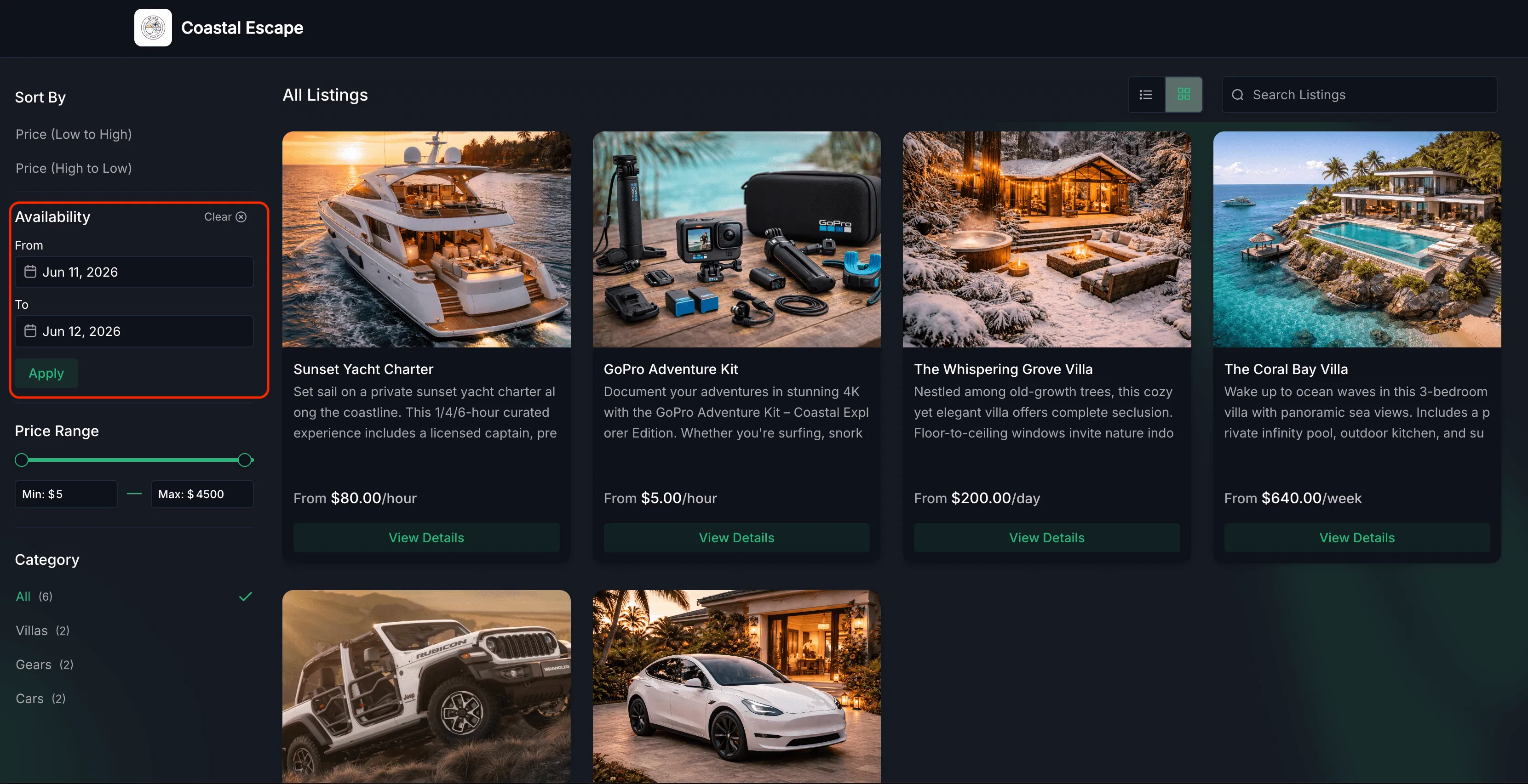 Availability filter on booking page