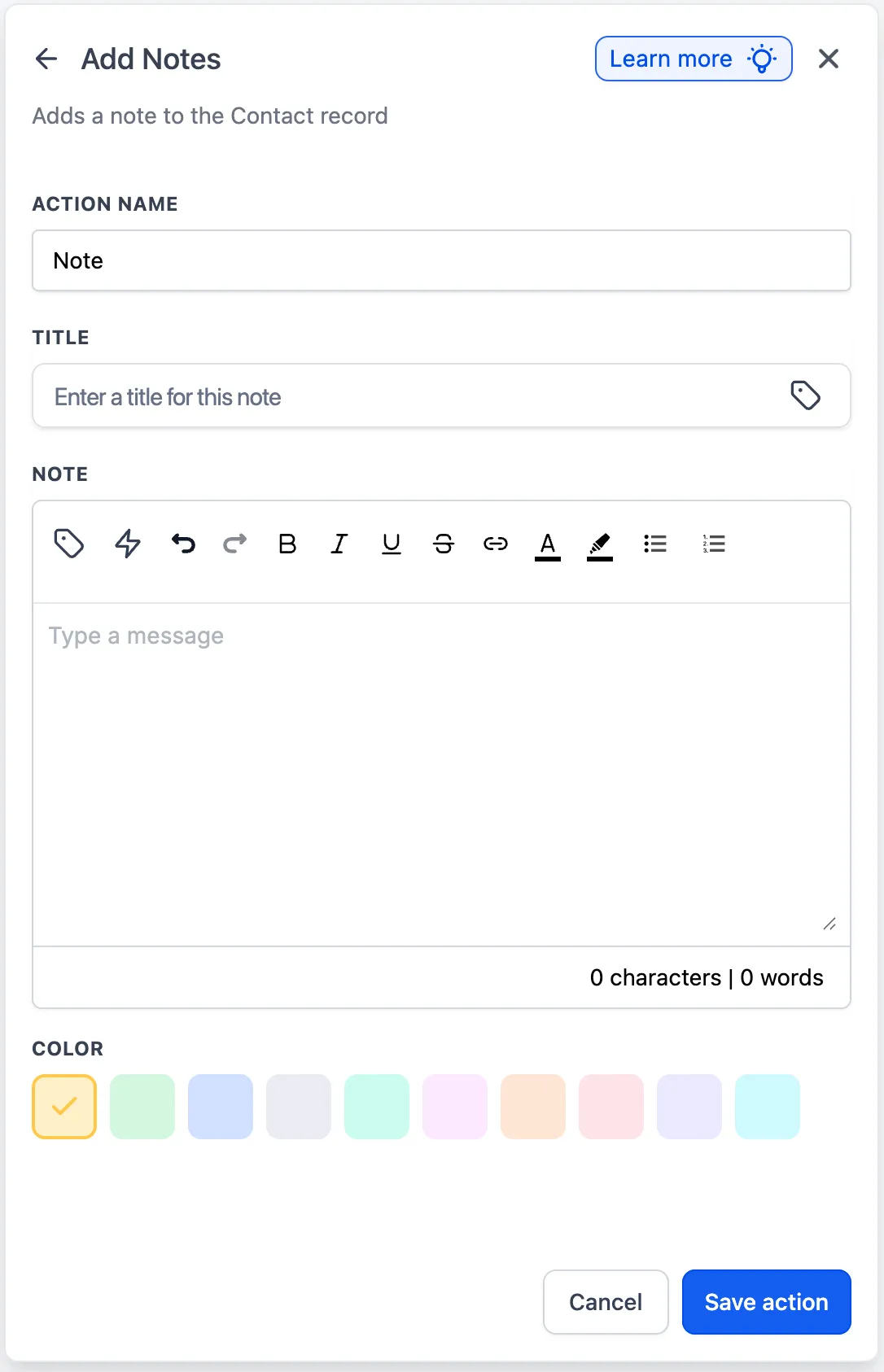Preview of note title and color fields in the Add to Notes workflow action