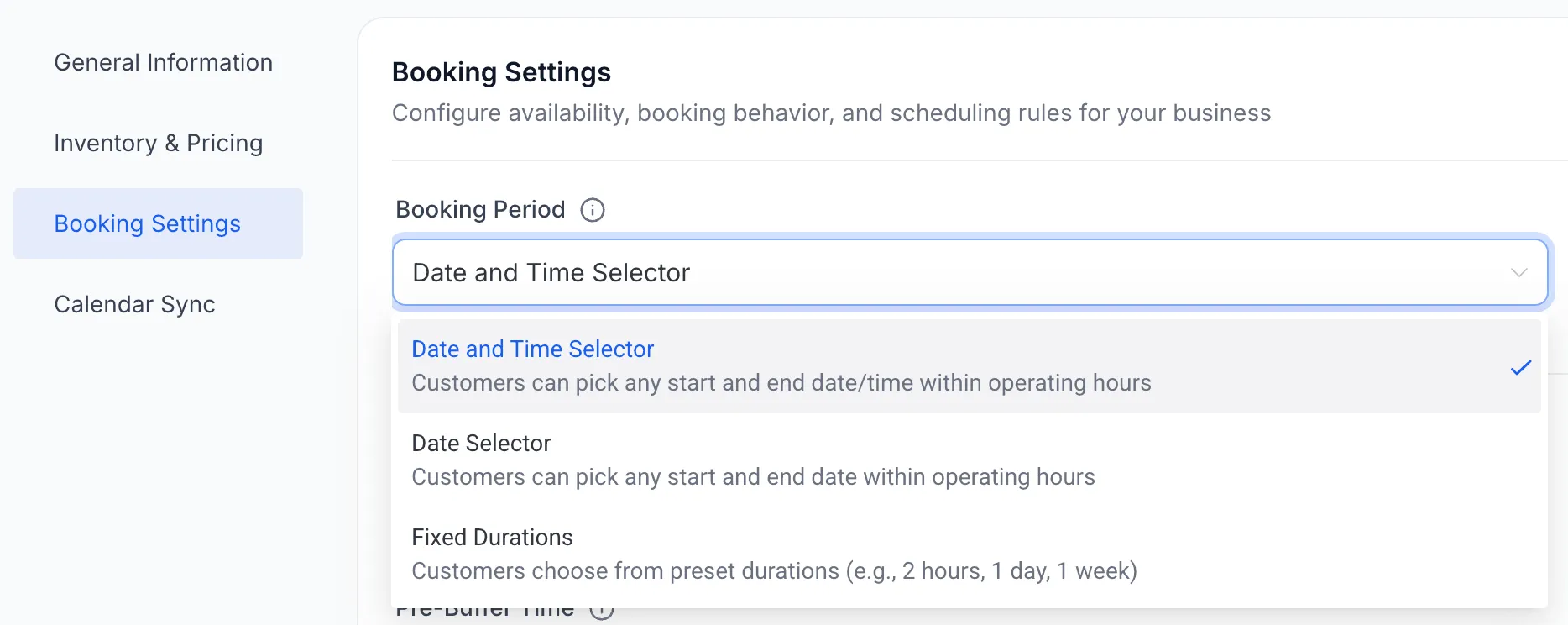 Rentals Booking Period Dropdown