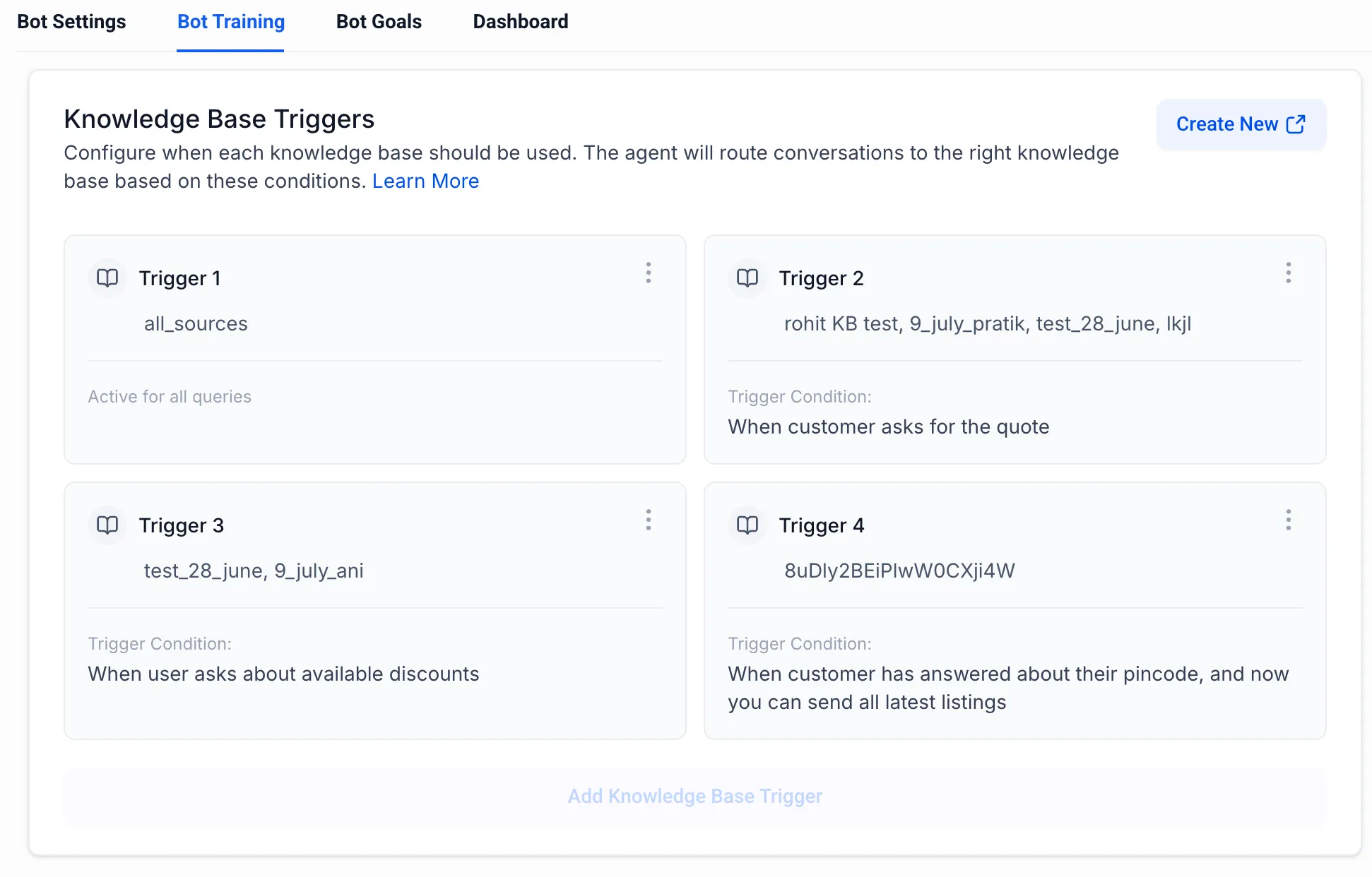 Conversation AI Knowledge Base trigger settings