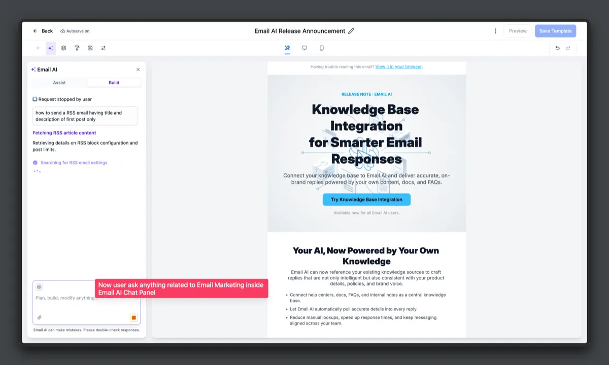 Email AI knowledge base integration screenshot