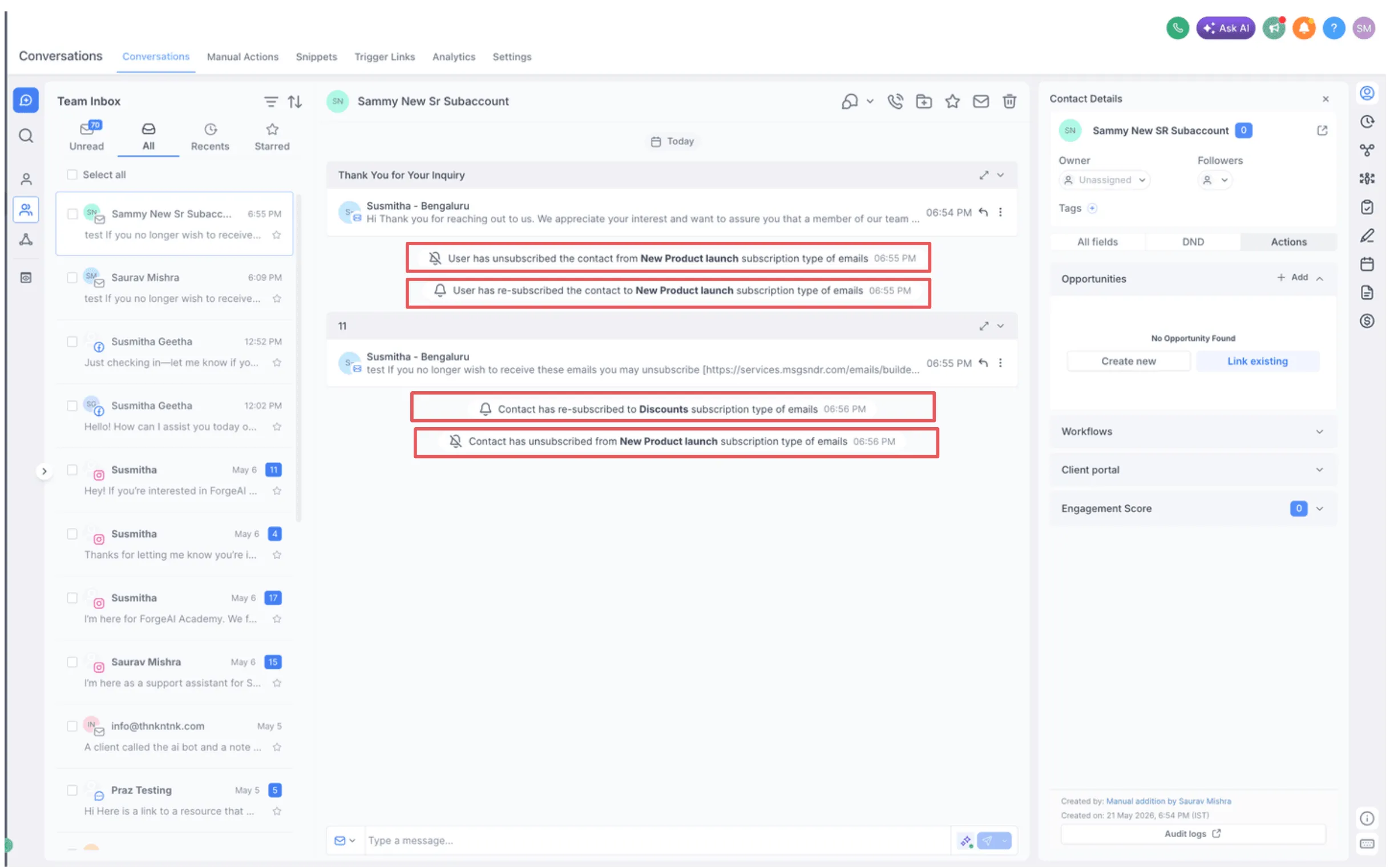 Conversation log showing a contact preference update