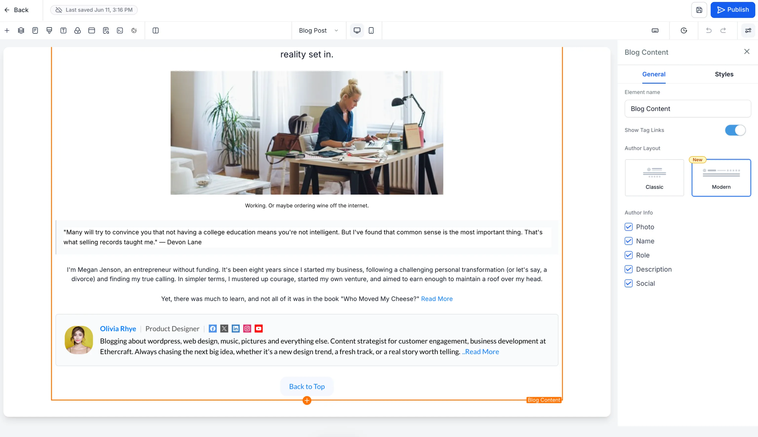 Blog author layout settings