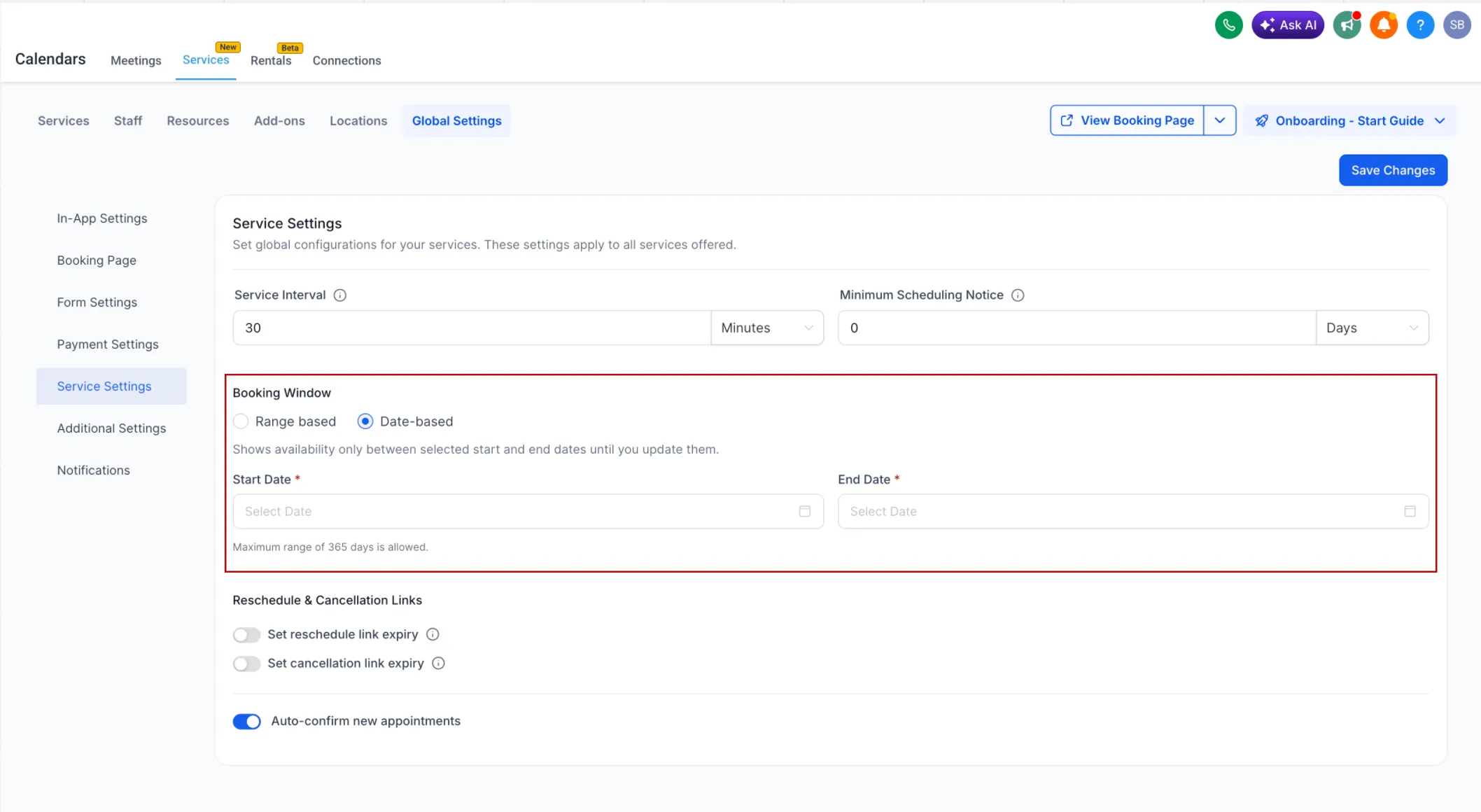 Date-based booking window settings
