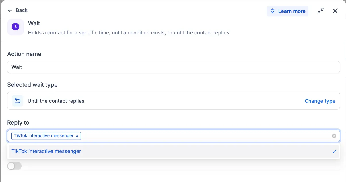 Workflow wait action with TikTok DM reply option