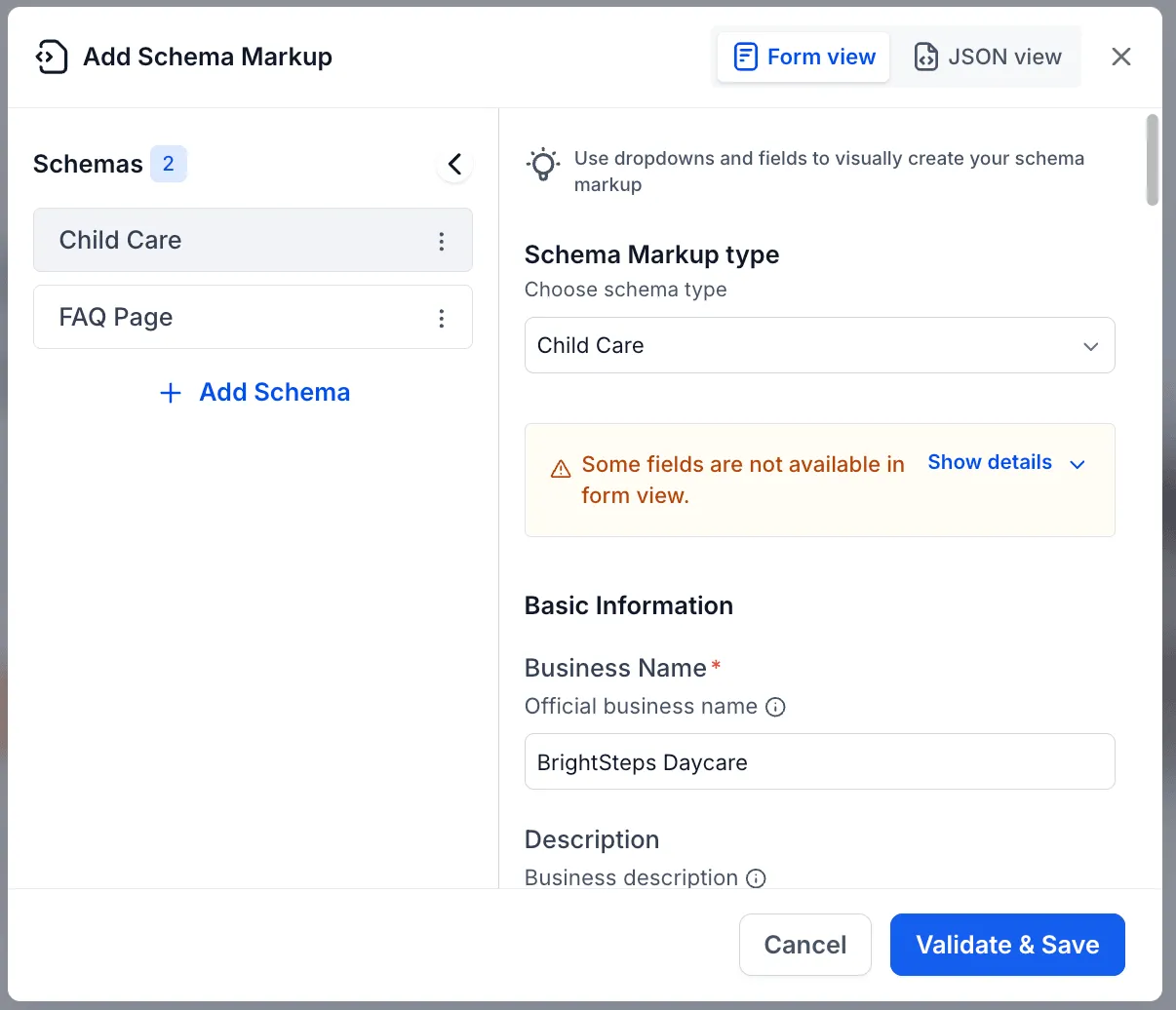 Schema markup warning banner
