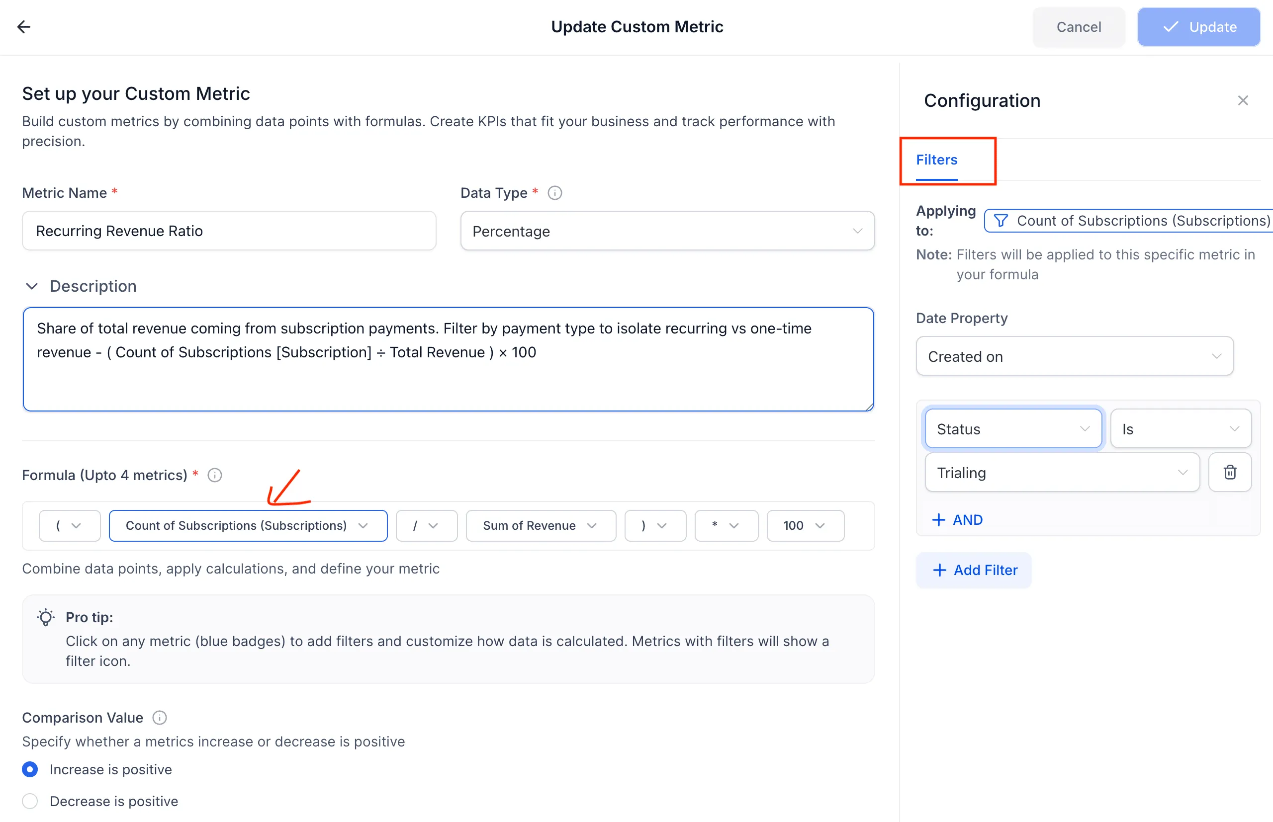 custom metrics with filter
