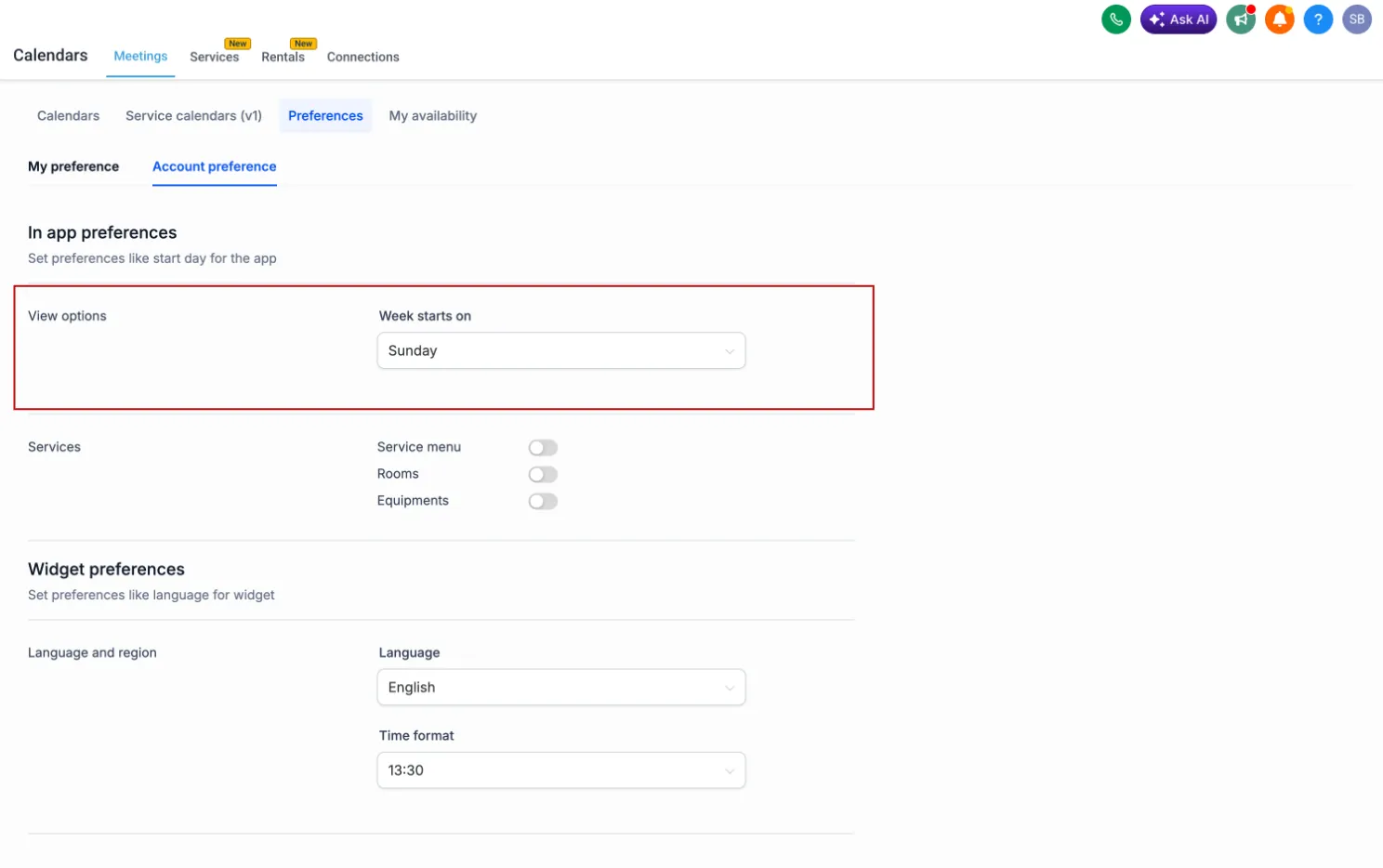 Week start preferences in SMBcrm Calendars