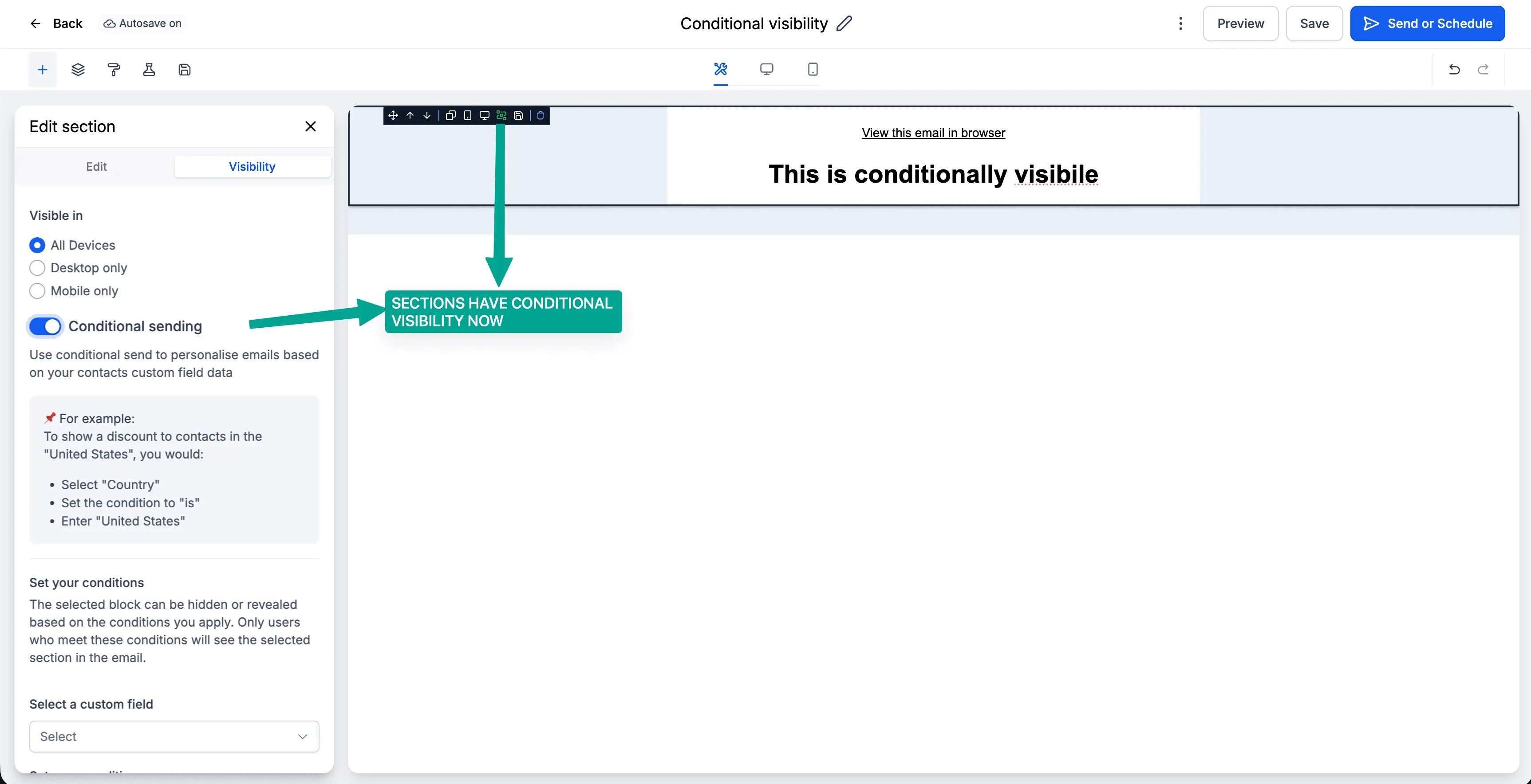Visibility tab in the email builder